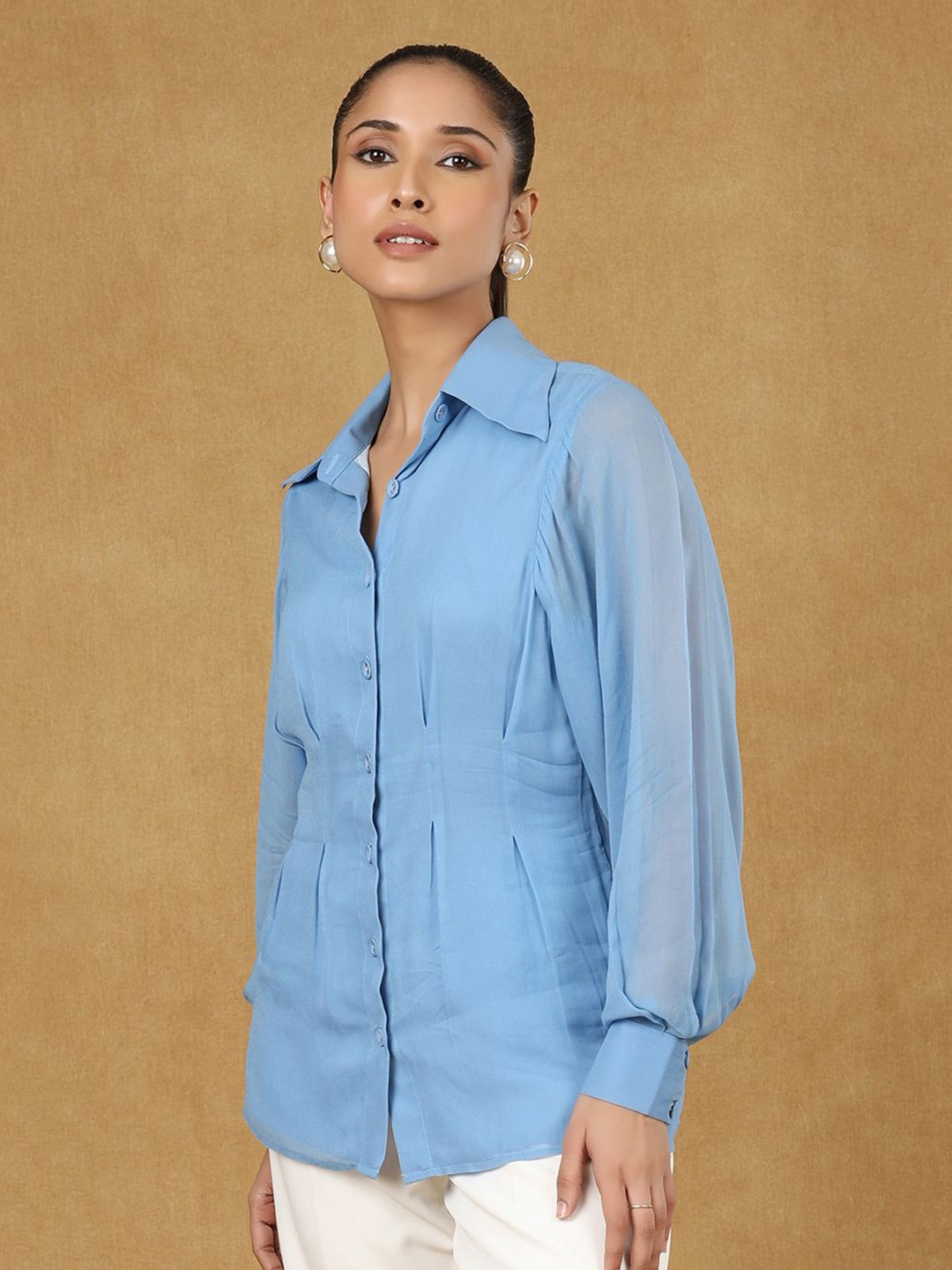 

PowerSutra Women Comfort Cutaway Collar Solid Casual Shirt, Blue