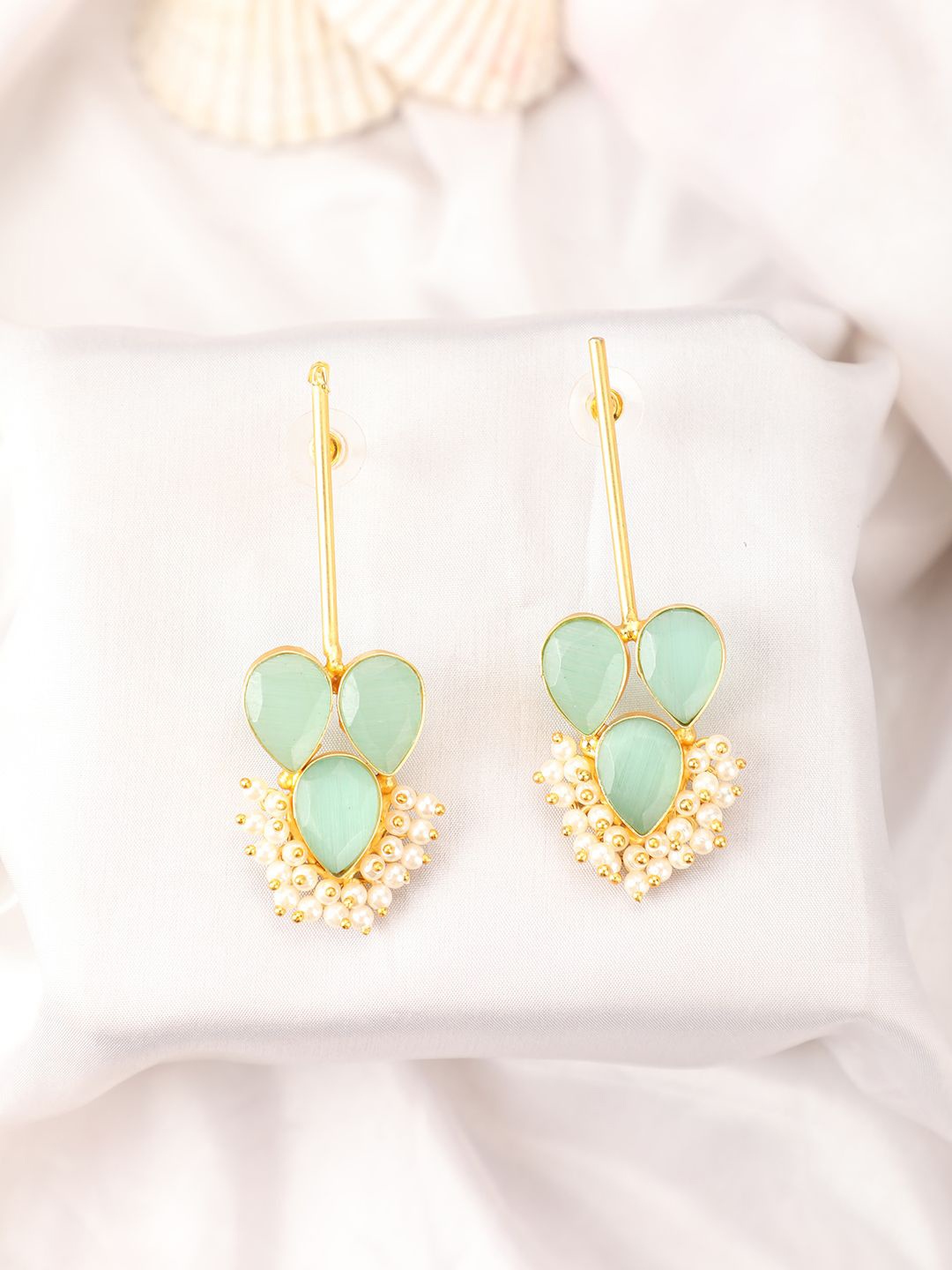 

MODE MANIA Gold Plated Contemporary Artificial Stones & Pearl Studded Drop Earrings, Sea green
