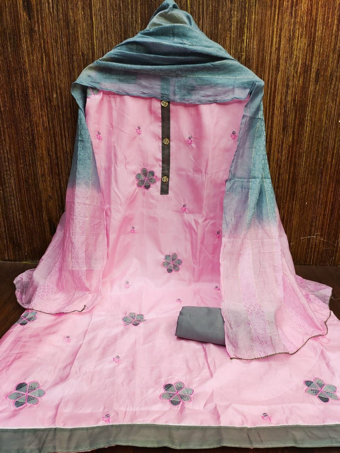 

LADY SHOPI Floral Embroidered Unstitched Dress Material, Pink