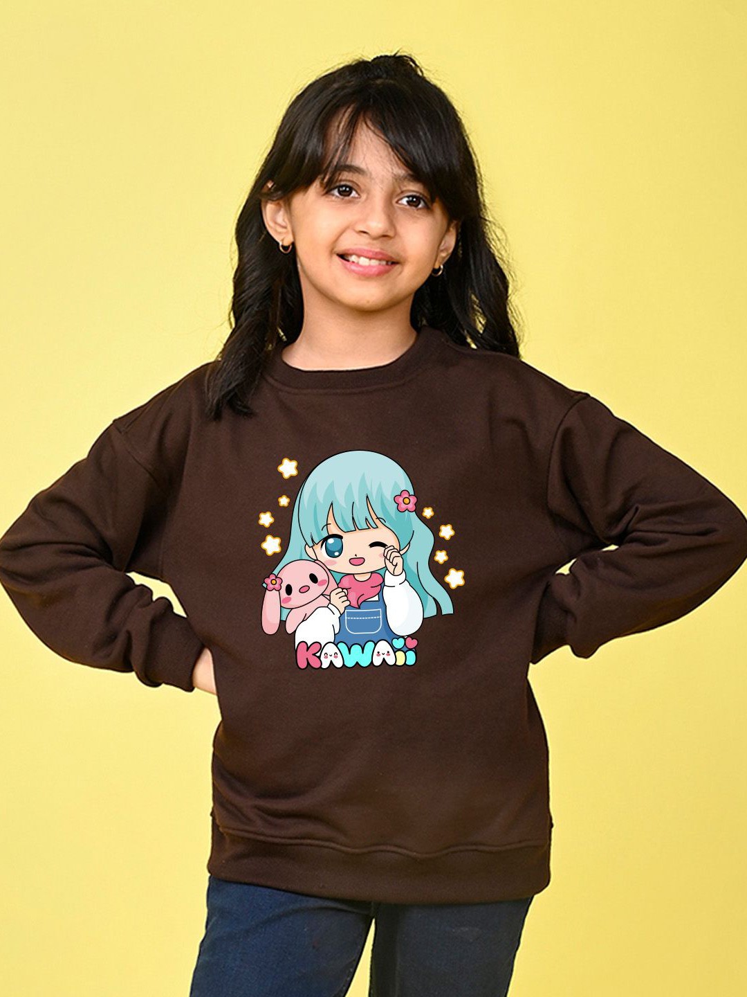 

NUSYL Girls Graphic Printed Oversized Sweatshirt, Brown