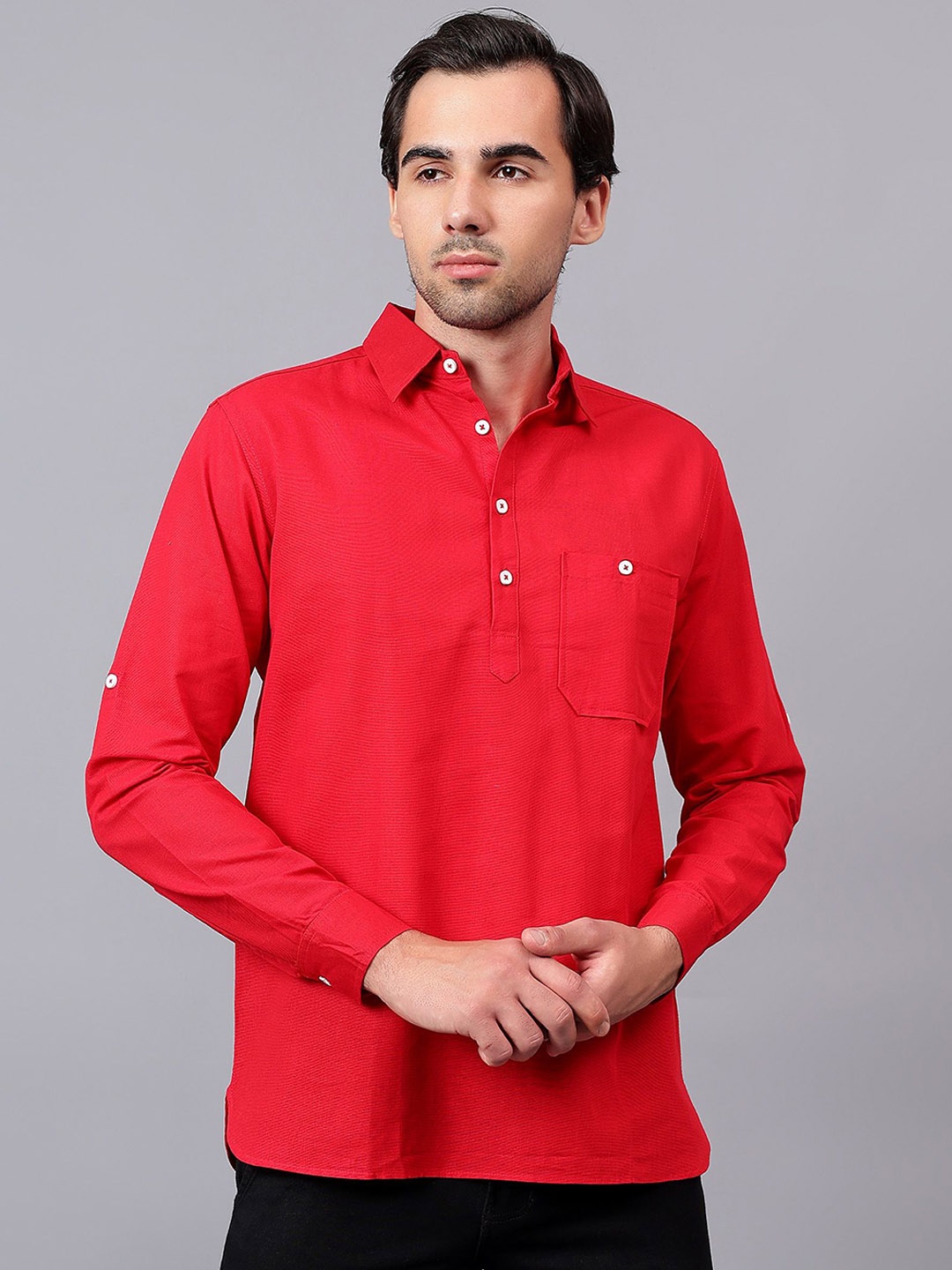 

Yugnik Shirt Collar Roll Up Sleeves Cotton Straight Short Kurta, Red