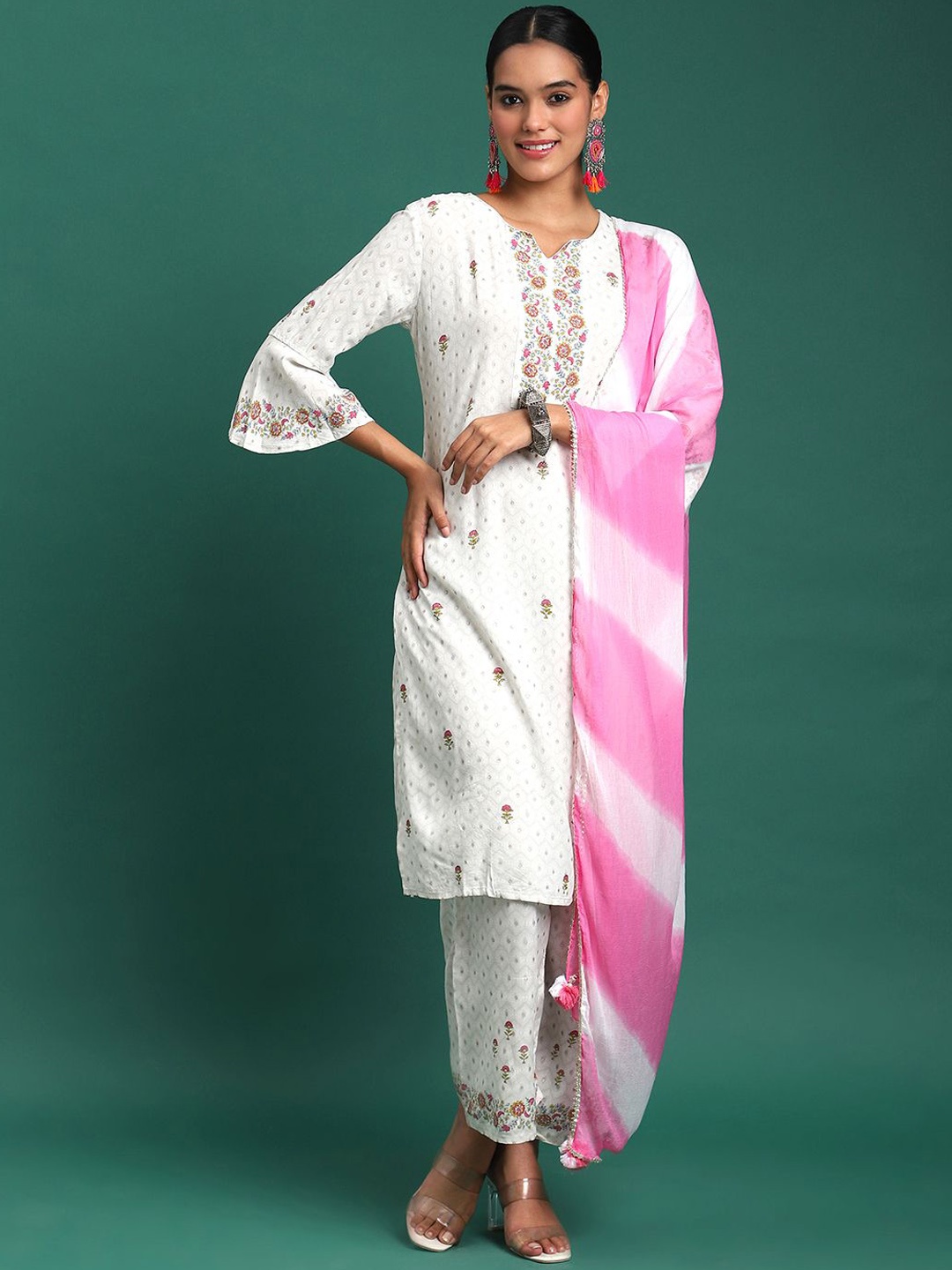 

Sangria White Floral Printed Notch Neck Straight Kurta With Palazzos & dupatta