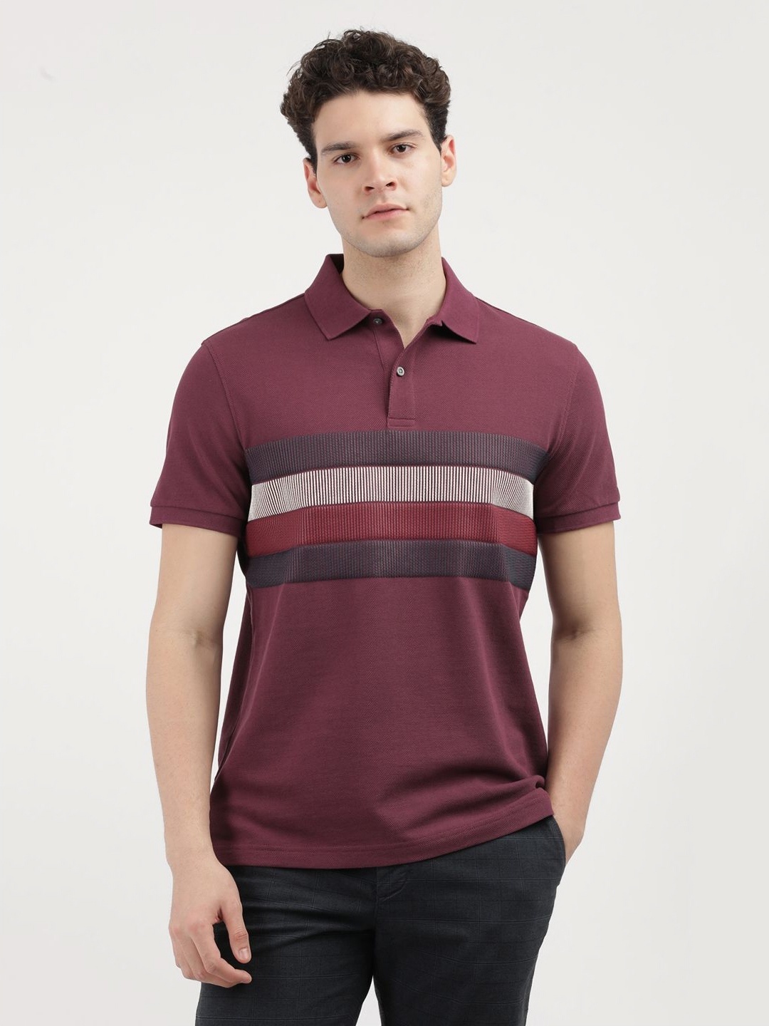 

Tommy Hilfiger Men Striped Polo Collar Cotton T-Shirt, Purple