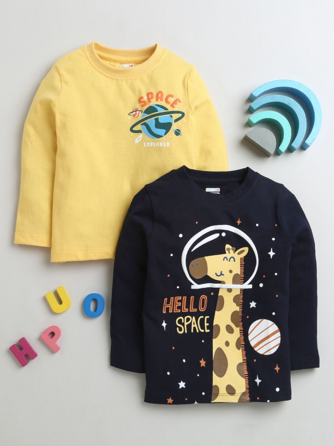 

BUMZEE Boys Pack Of 2 Graphic Printed Round Neck Cotton T-Shirts, Yellow