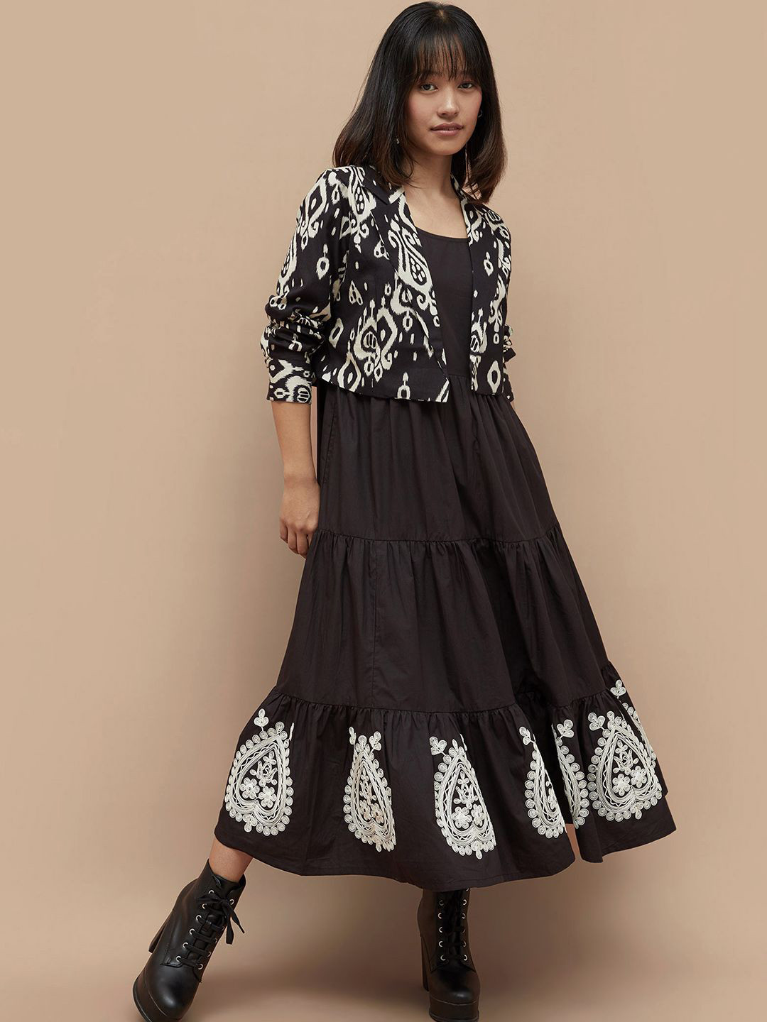 

Colour Me by Melange Embroidered Cotton Tiered Maxi Dress With Printed Jacket, Black