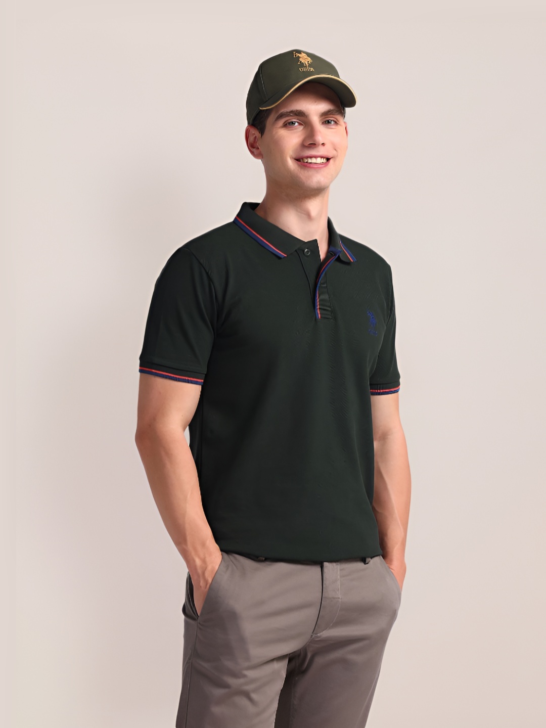 

U.S. Polo Assn. Men Solid Polo Collar Cotton Slim Fit T-Shirt, Green