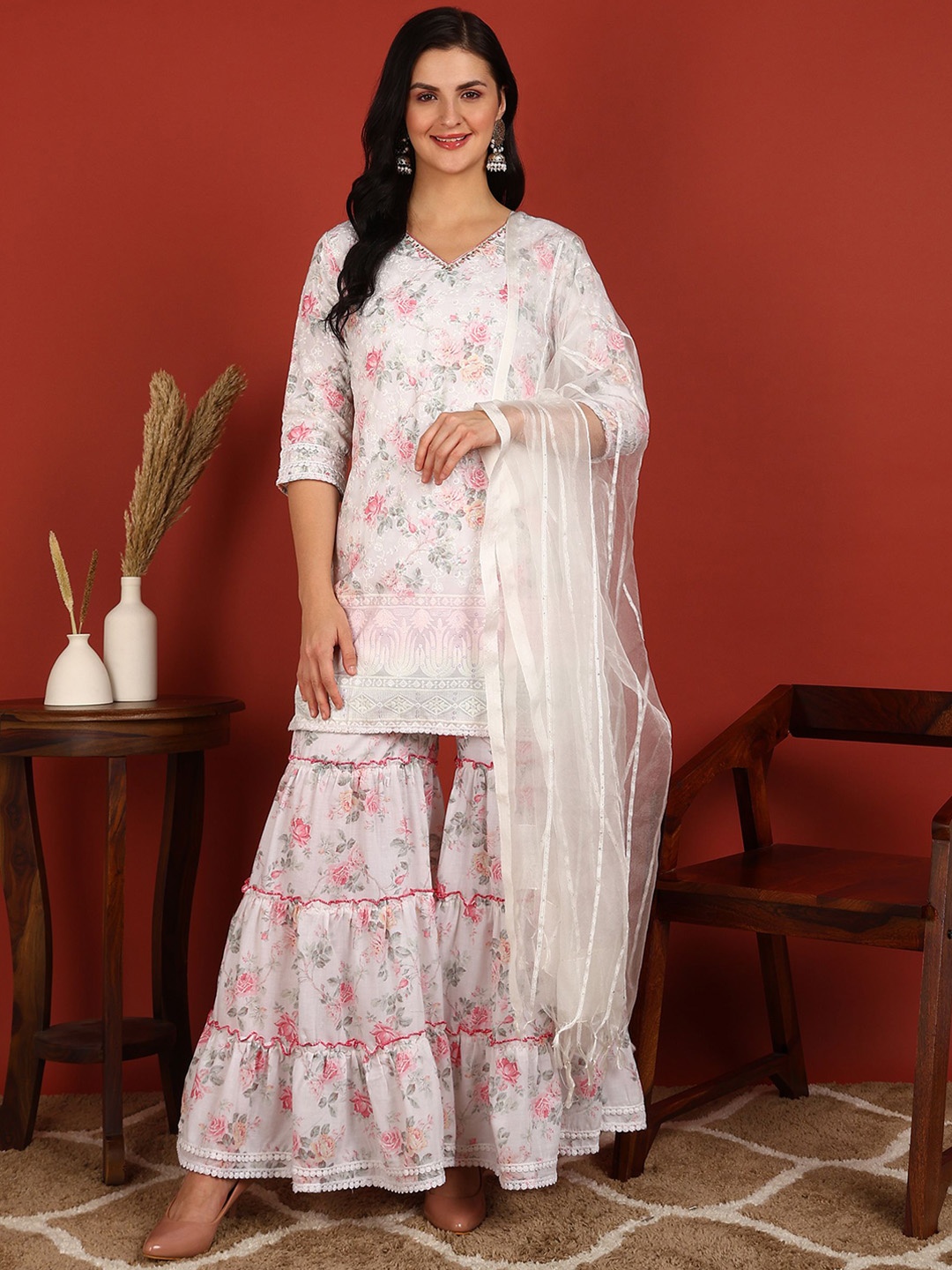 

FUBAR Floral Embroidered Pure Cotton Straight Kurti With Sharara & Dupatta, White