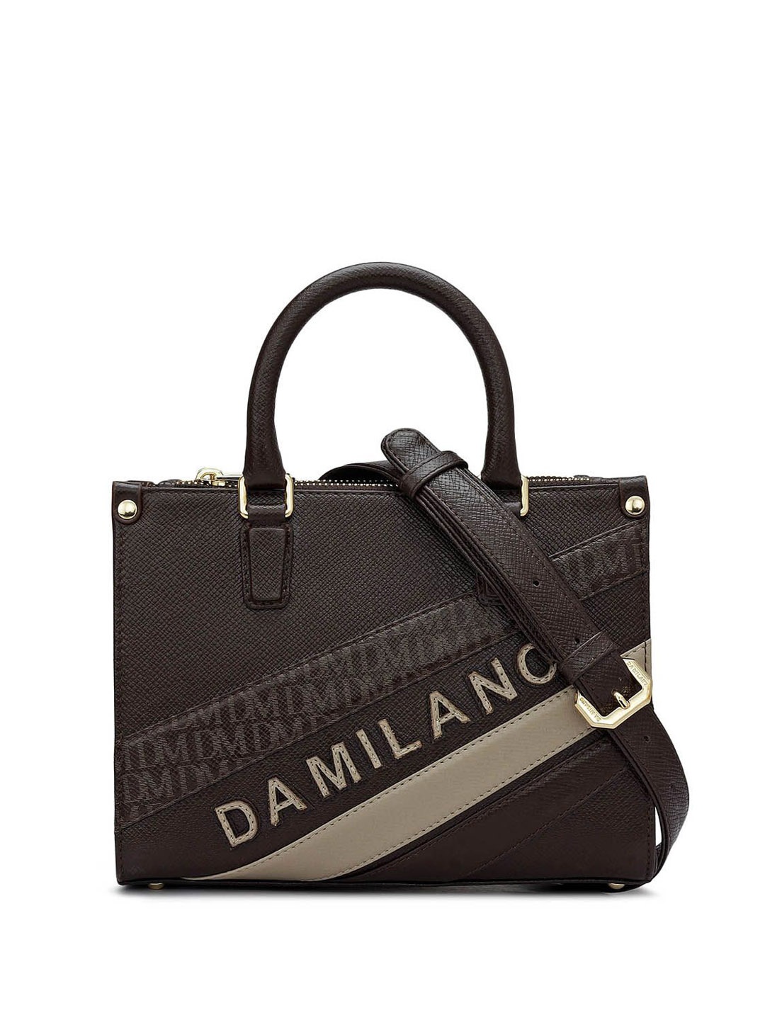 

Da Milano Textured Leather Structured Handheld Bag with Cut Work, Brown