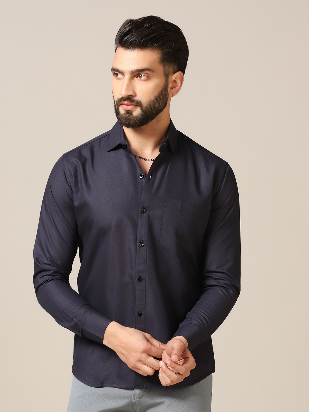 

TAGDO Men Standard Spread Collar Solid Casual Shirt, Navy blue