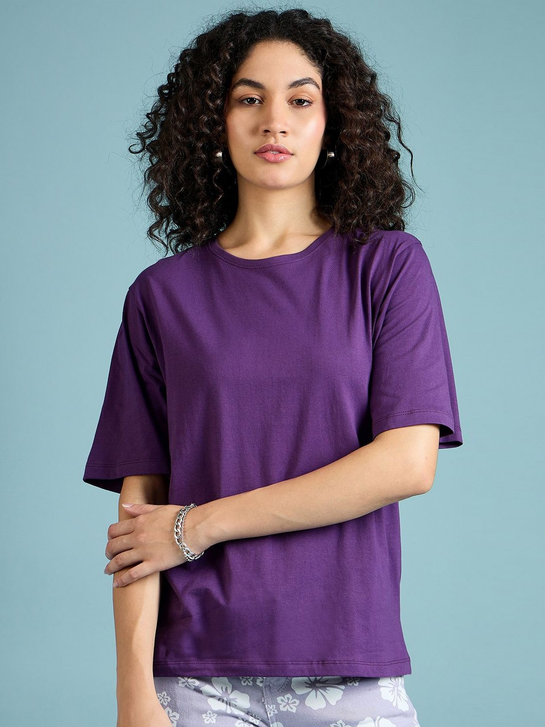 

DressBerry Women Solid Round Neck Cotton Oversized T-Shirt, Purple