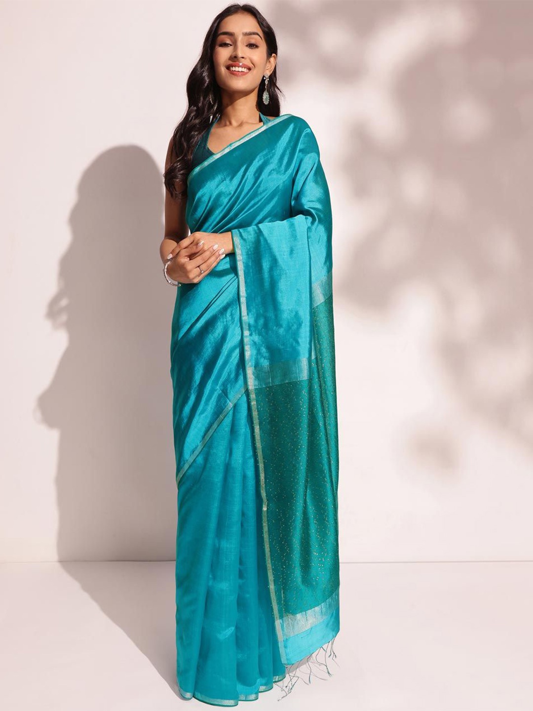 

Fabindia Zari Silk Blend Saree, Turquoise blue