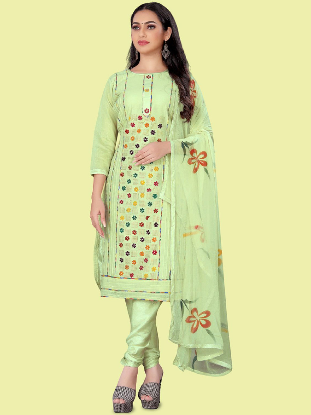 

APNISHA Floral Printed Unstitched Dress Material, Lime green