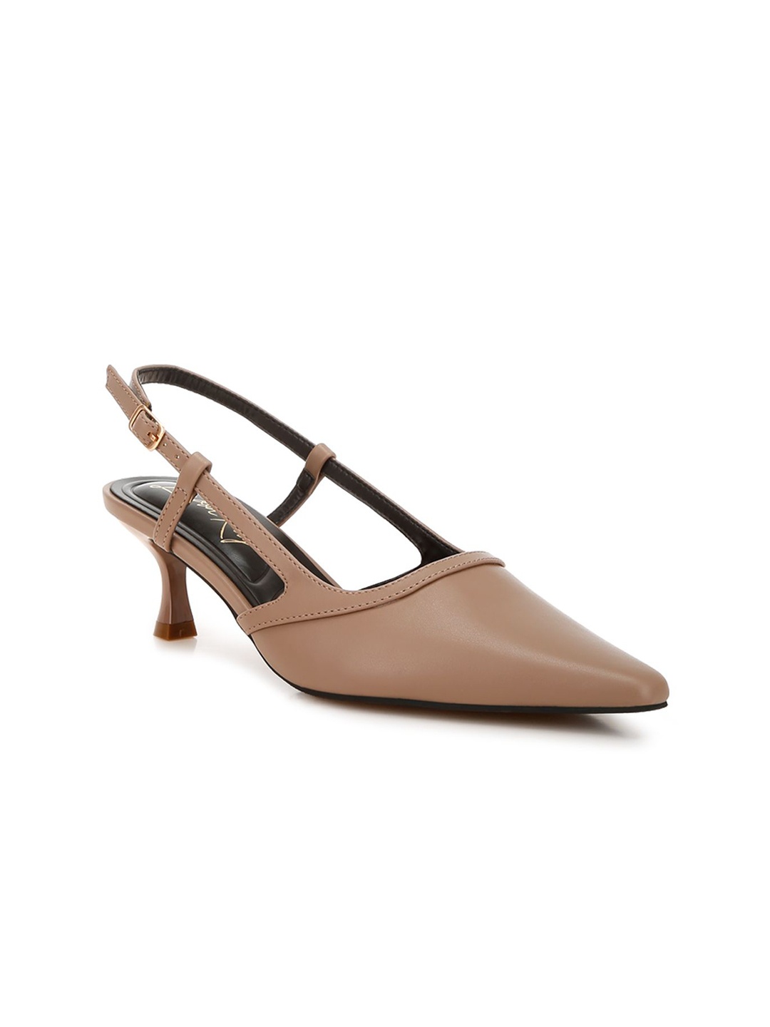 

London Rag Women Leather Kitten Sandals with Buckles, Taupe