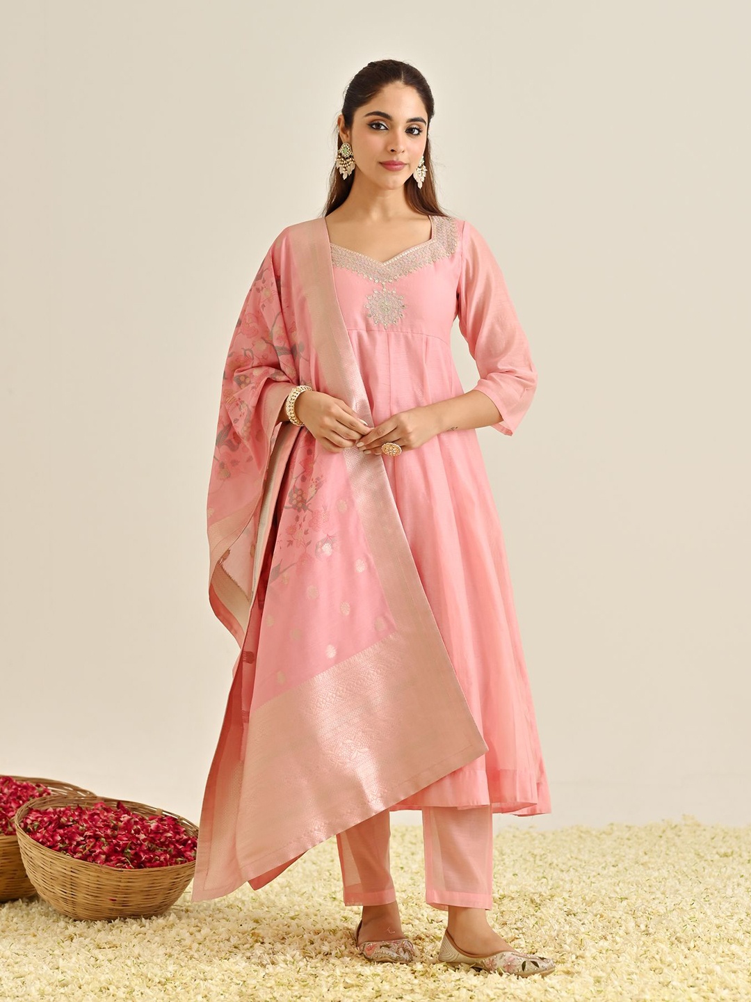 

Rustorange Floral Yoke Design Straight Kurta with Salwar & With Dupatta, Pink