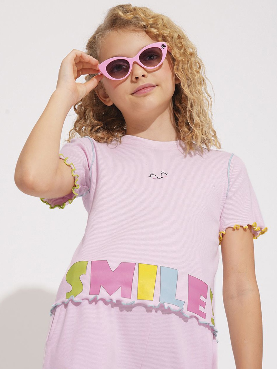 

Vero Moda Girls Typography Printed Round Neck Cotton T-Shirt, Pink