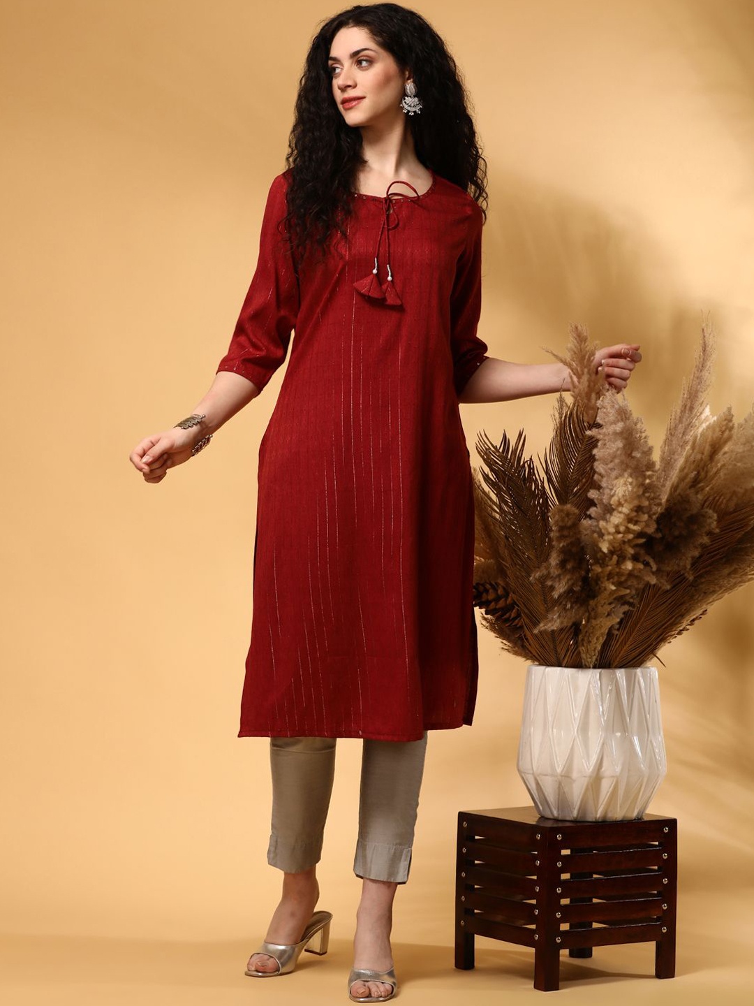 

Anouk Maroon Striped Tie-Up Neck Sequinned Straight Kurta