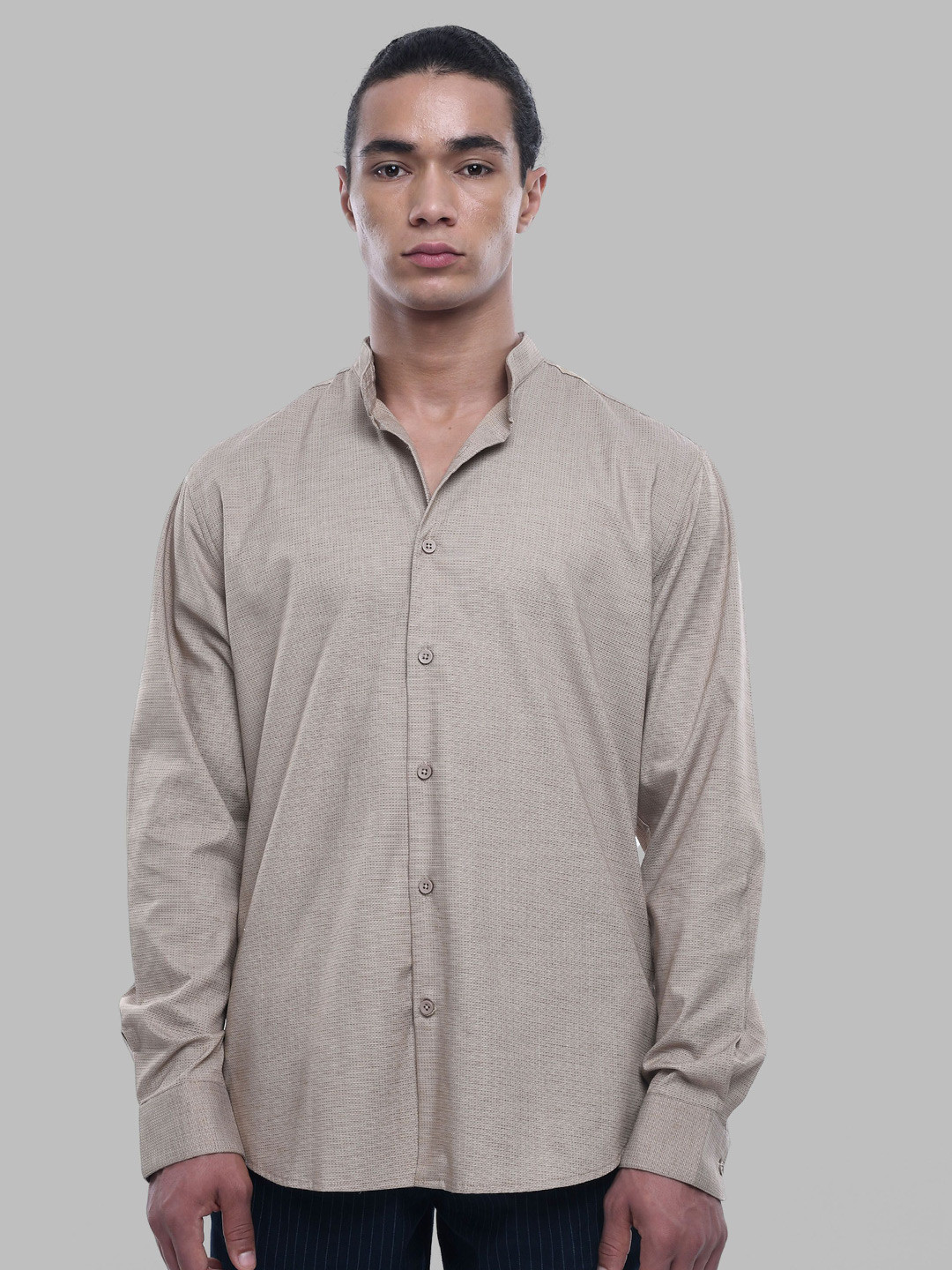 

Tailoraedge Men Band Collar Solid Casual Shirt, Beige