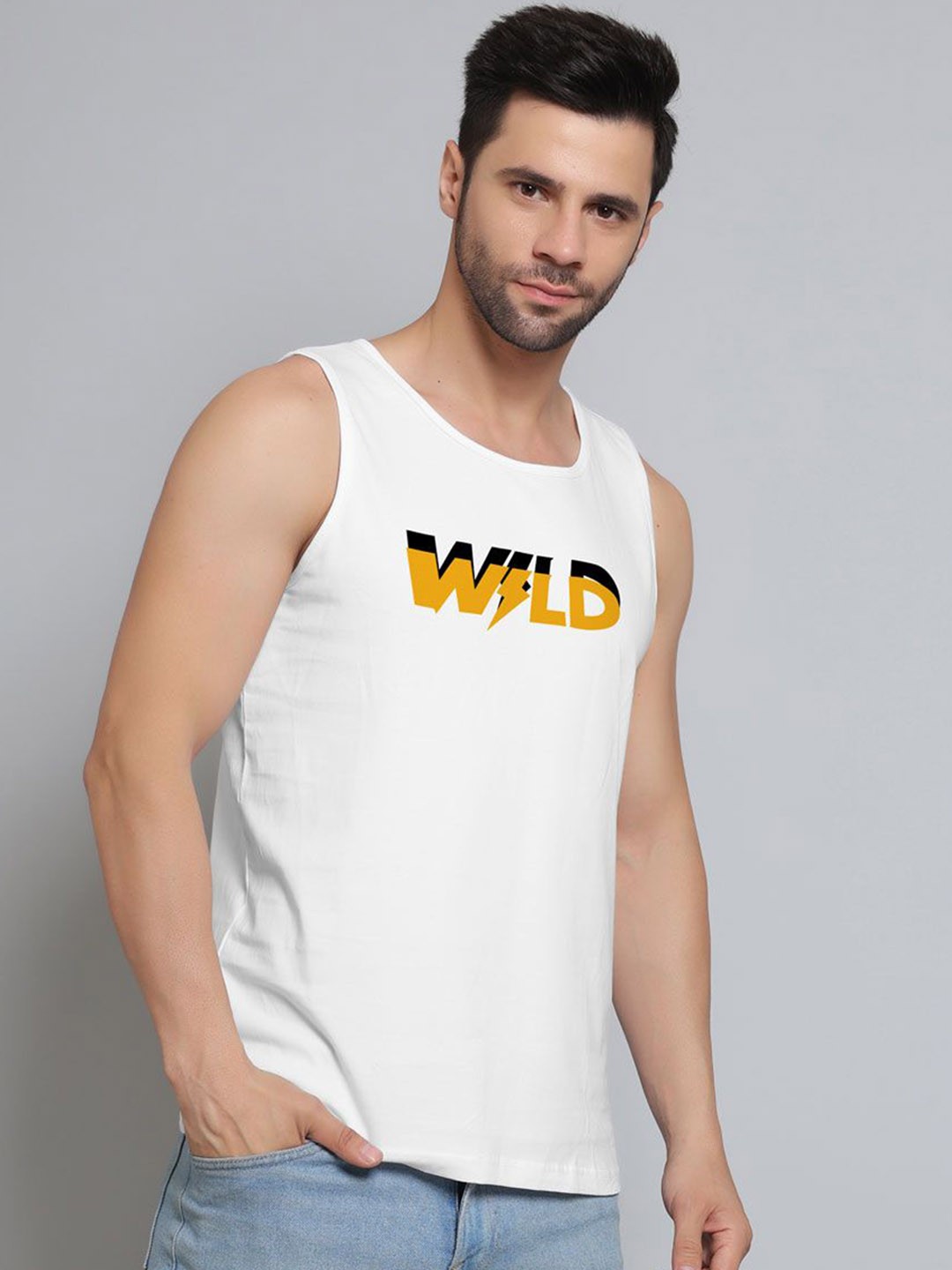 

DAB SHARK Printed Cotton Gym Vests, White