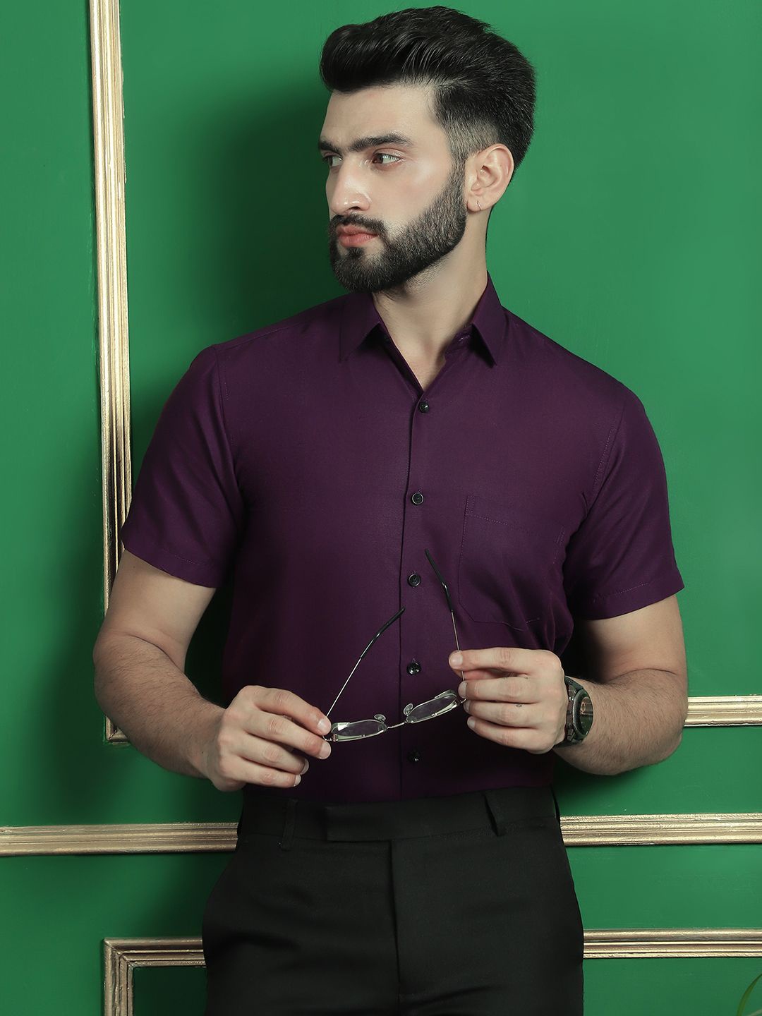 

Indian Needle Men Classic Cutaway Collar Solid Cotton Formal Shirt, Purple