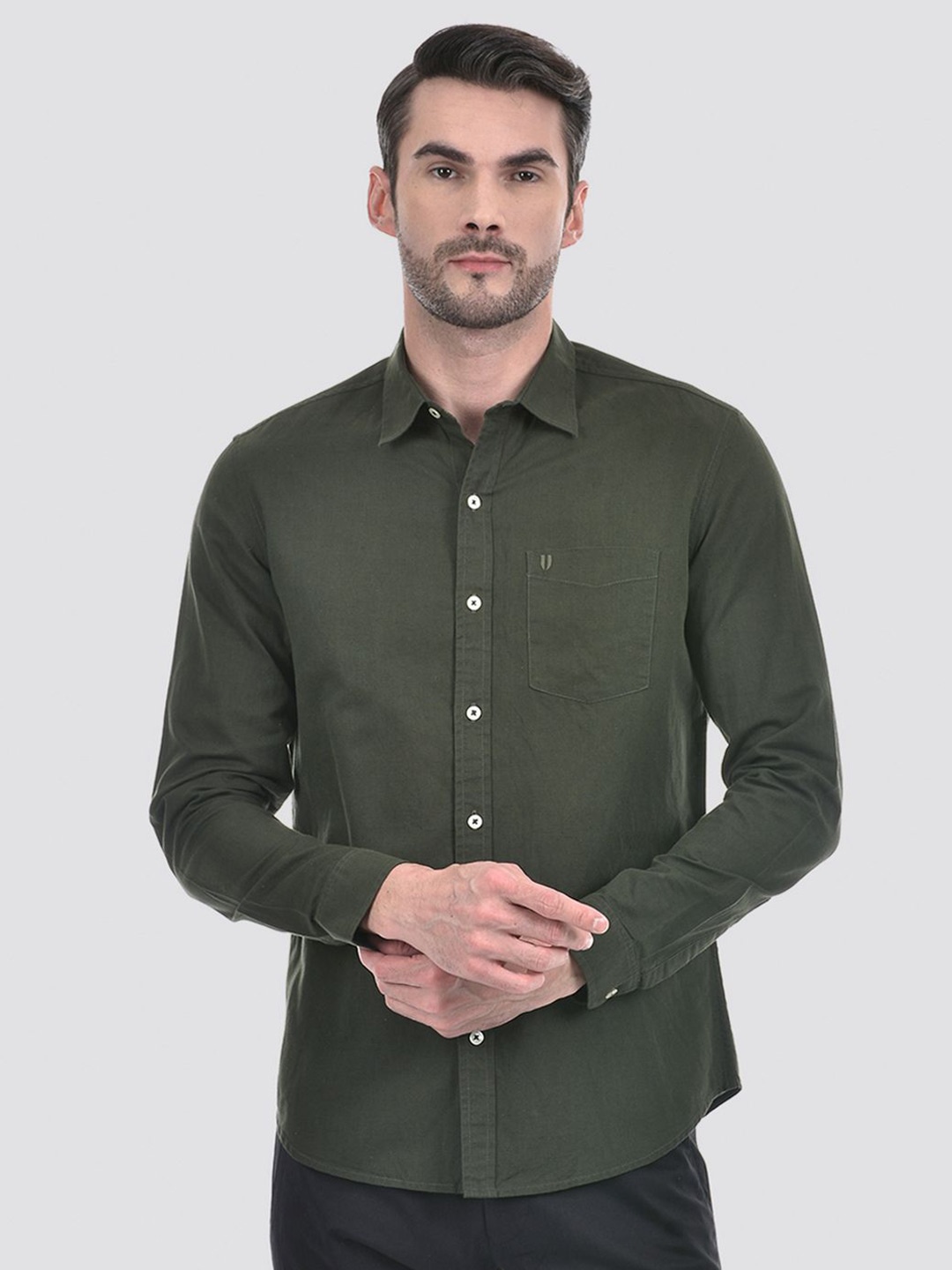 

Numero Uno Men Spread Collar Solid Cotton Linen Casual Shirt, Olive