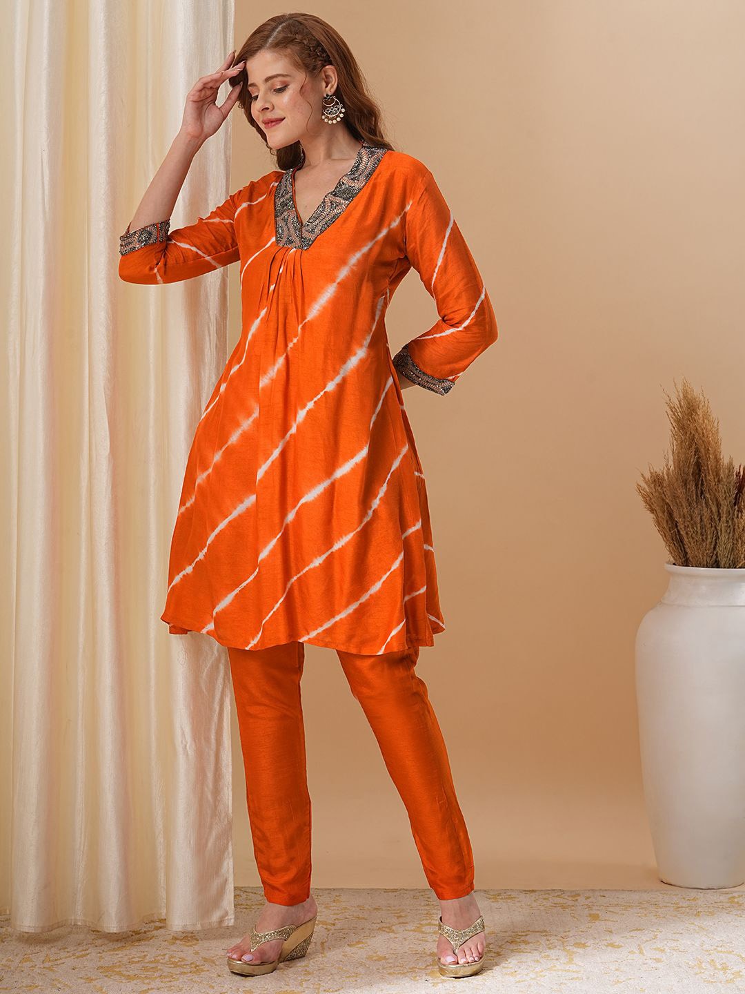

FASHOR Leheriya Printed Pleated Sequinned Kurta with Trousers, Orange