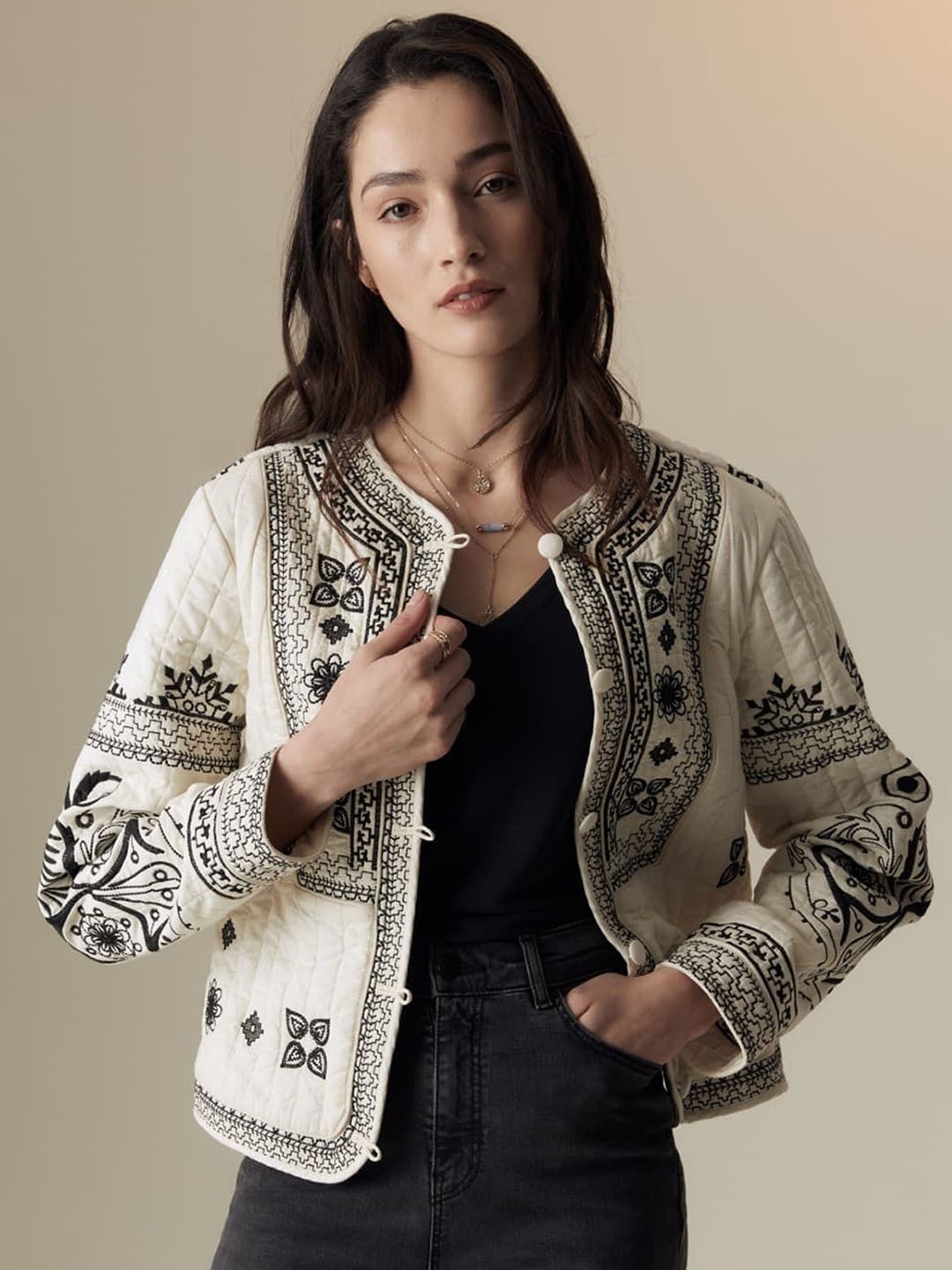 

Marks & Spencer Women Lightweight Tailored Jacket with Embroidered, Cream