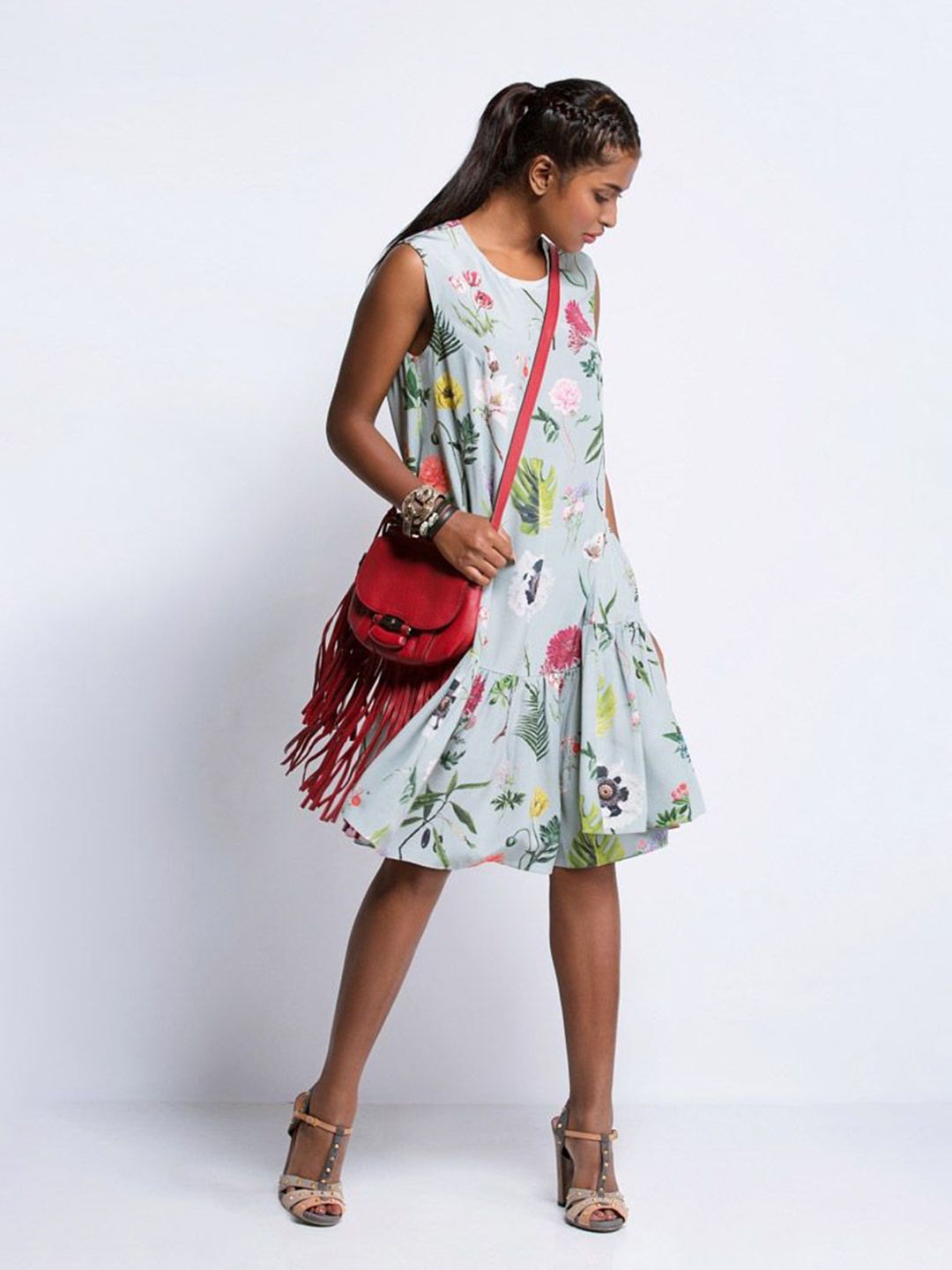 

PS PRET BY PAYAL SINGHAL Floral Print Crepe Frill A-Line Dress, Blue