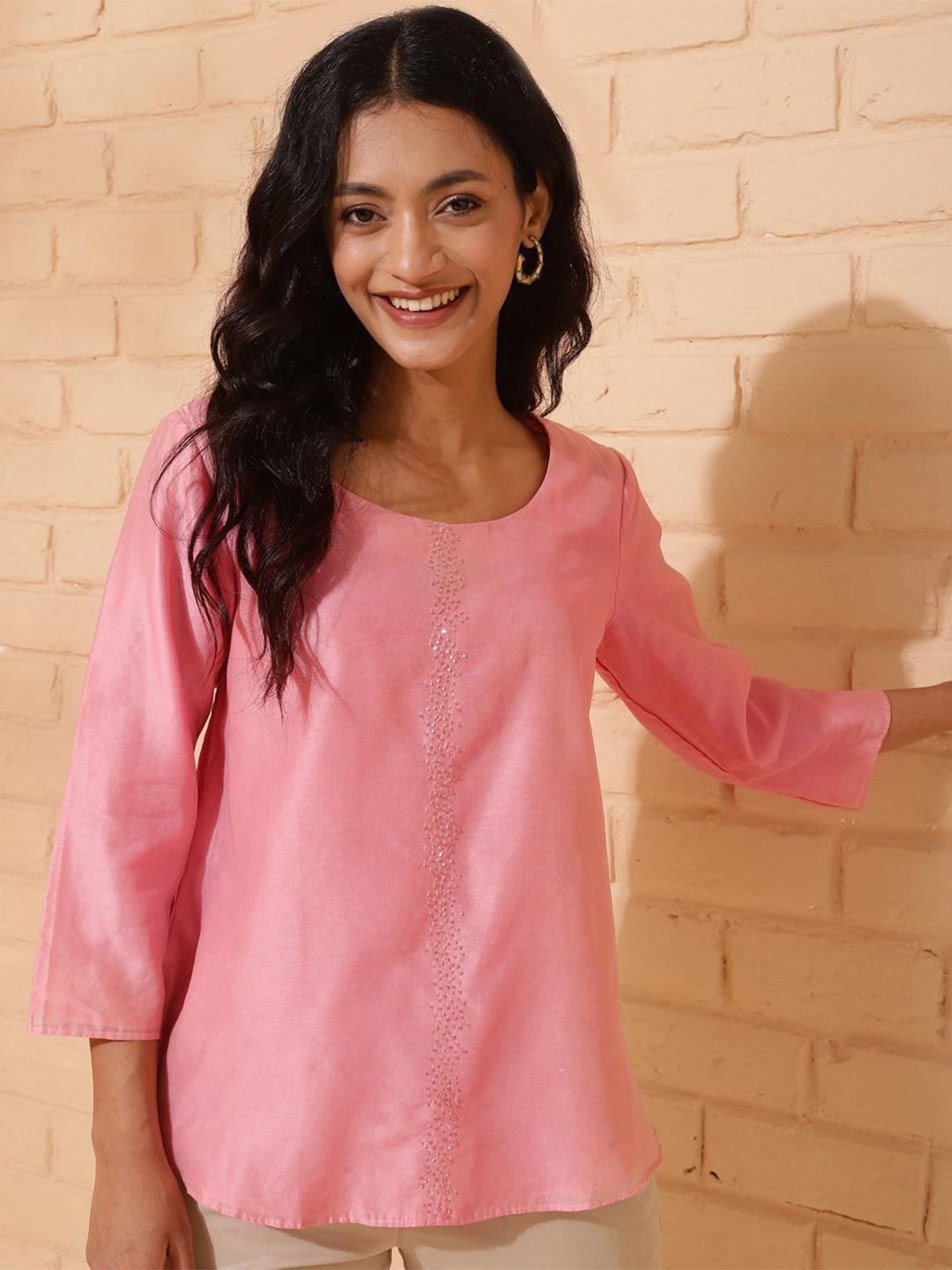 

Fabindia Embroidered Cotton Top, Pink
