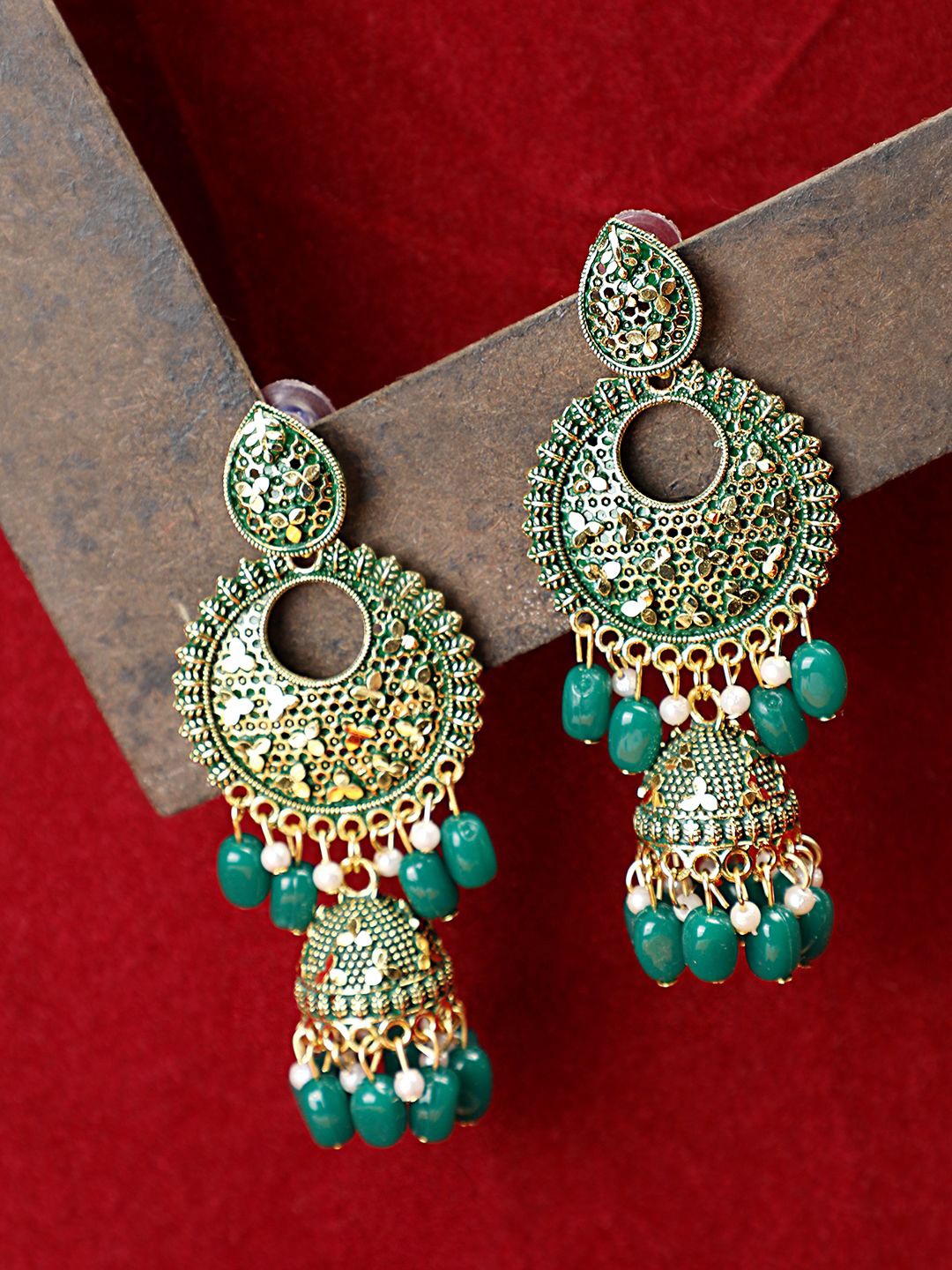 

MODE MANIA Gold-Plated Pearl Beaded Dome Shaped Jhumkas