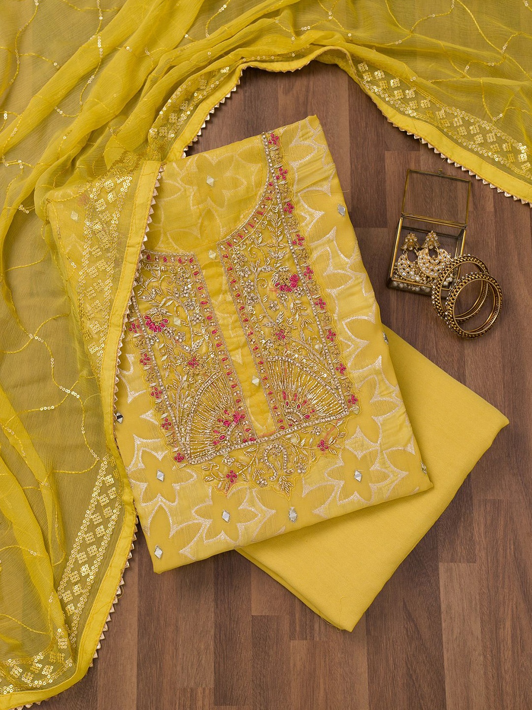 

Koskii Floral Embroidered Mirror Work Unstitched Dress Material, Yellow
