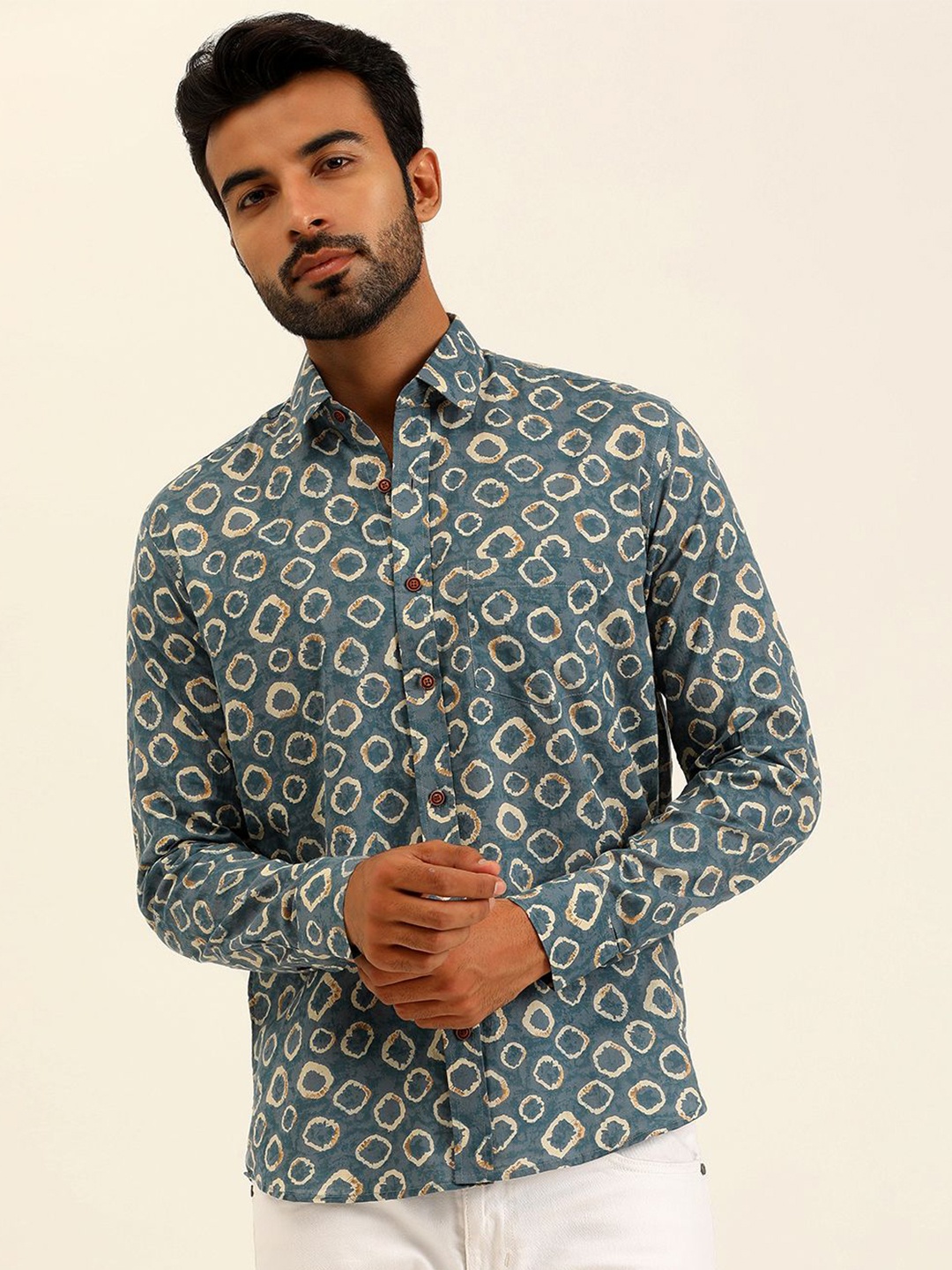 

SPS Men Relaxed Spread Collar Abstract Printed Cotton Casual Shirt, Blue