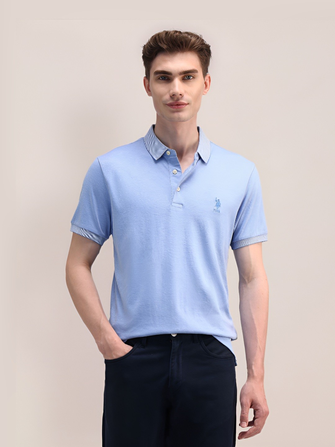 

U.S. Polo Assn. Men Solid Polo Collar Cotton Slim Fit T-Shirt, Blue