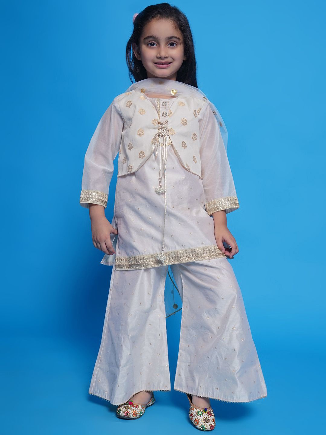 

Little Bansi Girls Woven Design Chanderi Cotton Straight Kurta With Palazzos & Dupatta, Cream