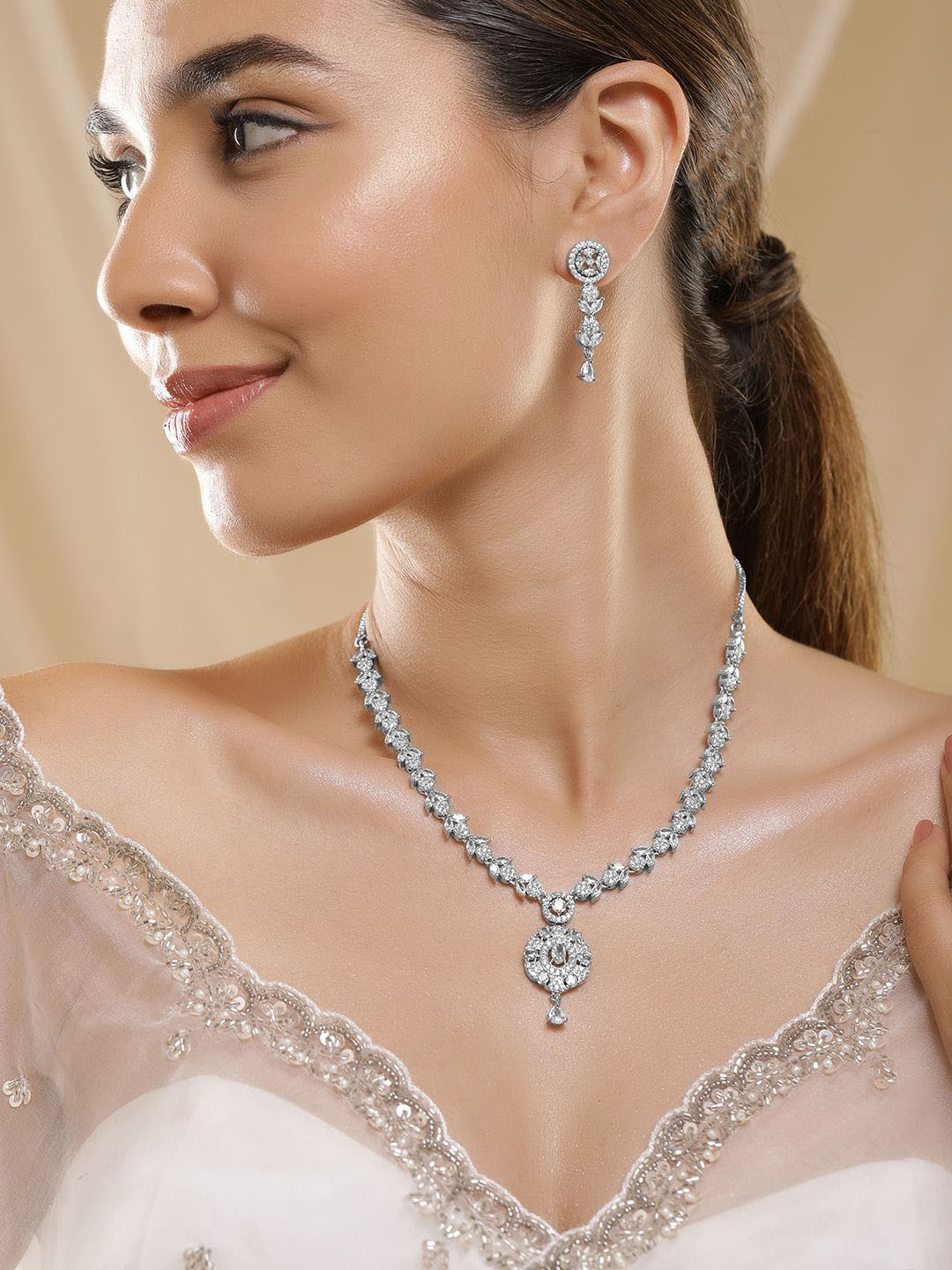 

Rubans Rhodium Plated Cubic Zirconia Studded Jewellery Set, Silver