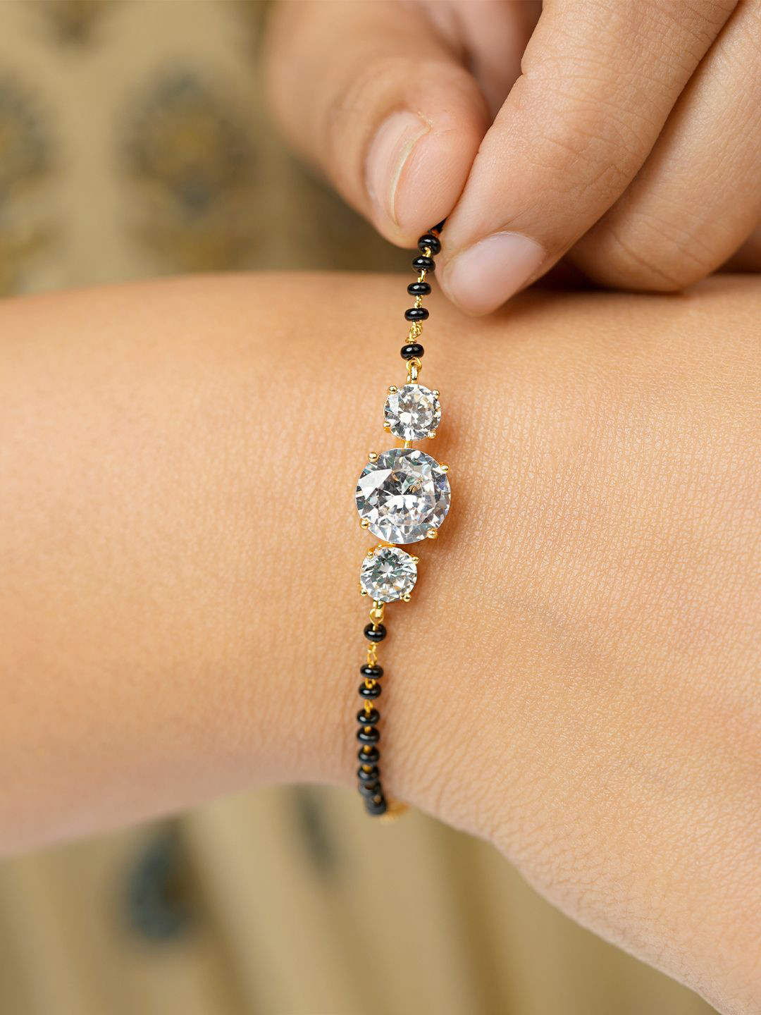 

SWASHAA Stainless Steel 18K Gold-Plated Studded & Beaded Wraparound Mangalsutra Bracelet