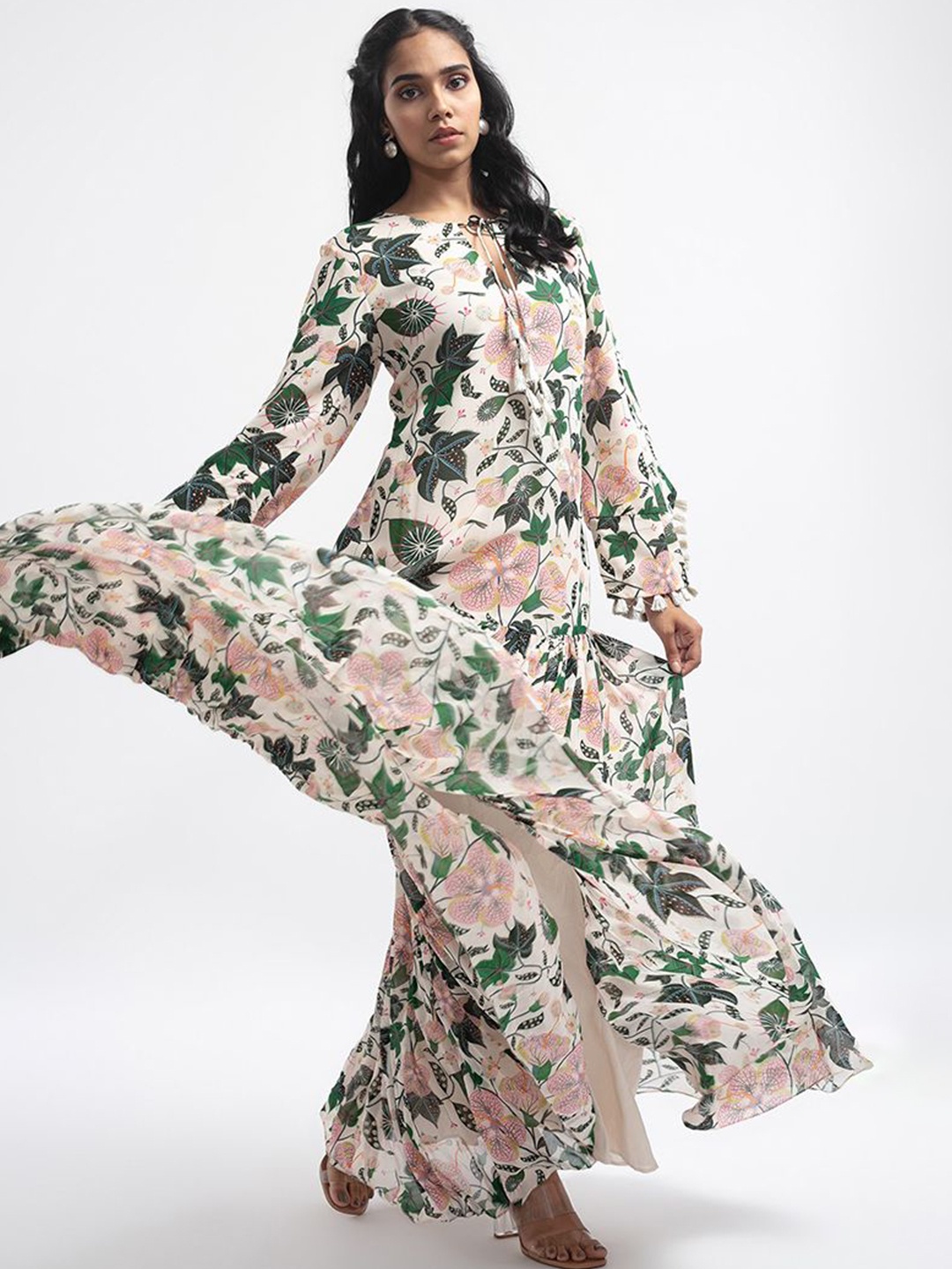 

PS PRET BY PAYAL SINGHAL Floral Printed Bell Sleeve Georgette Maxi Dress For Women's, White