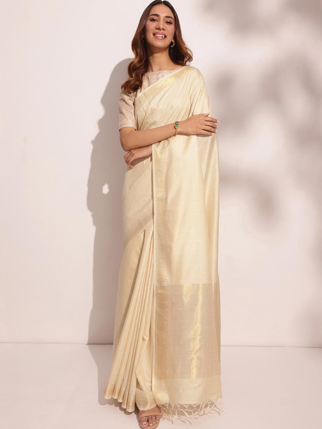 

Fabindia Zari woven design solid Saree, Cream