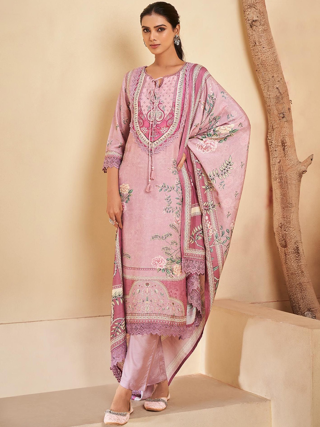 

Meena Bazaar Floral Printed Tie-Up Neck Gotta Patti Straight Kurta With Palazzos & Dupatta, Purple