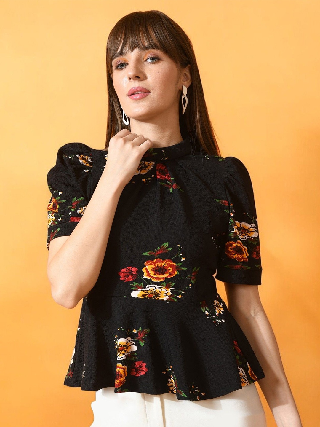 

BAESD Floral Print Puff Sleeve Peplum Top, Black