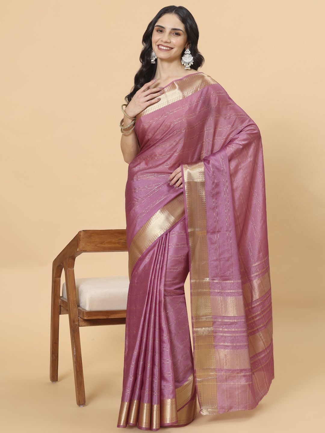 

Meena Bazaar Striped Zari Organza Heavy Work Saree, Purple