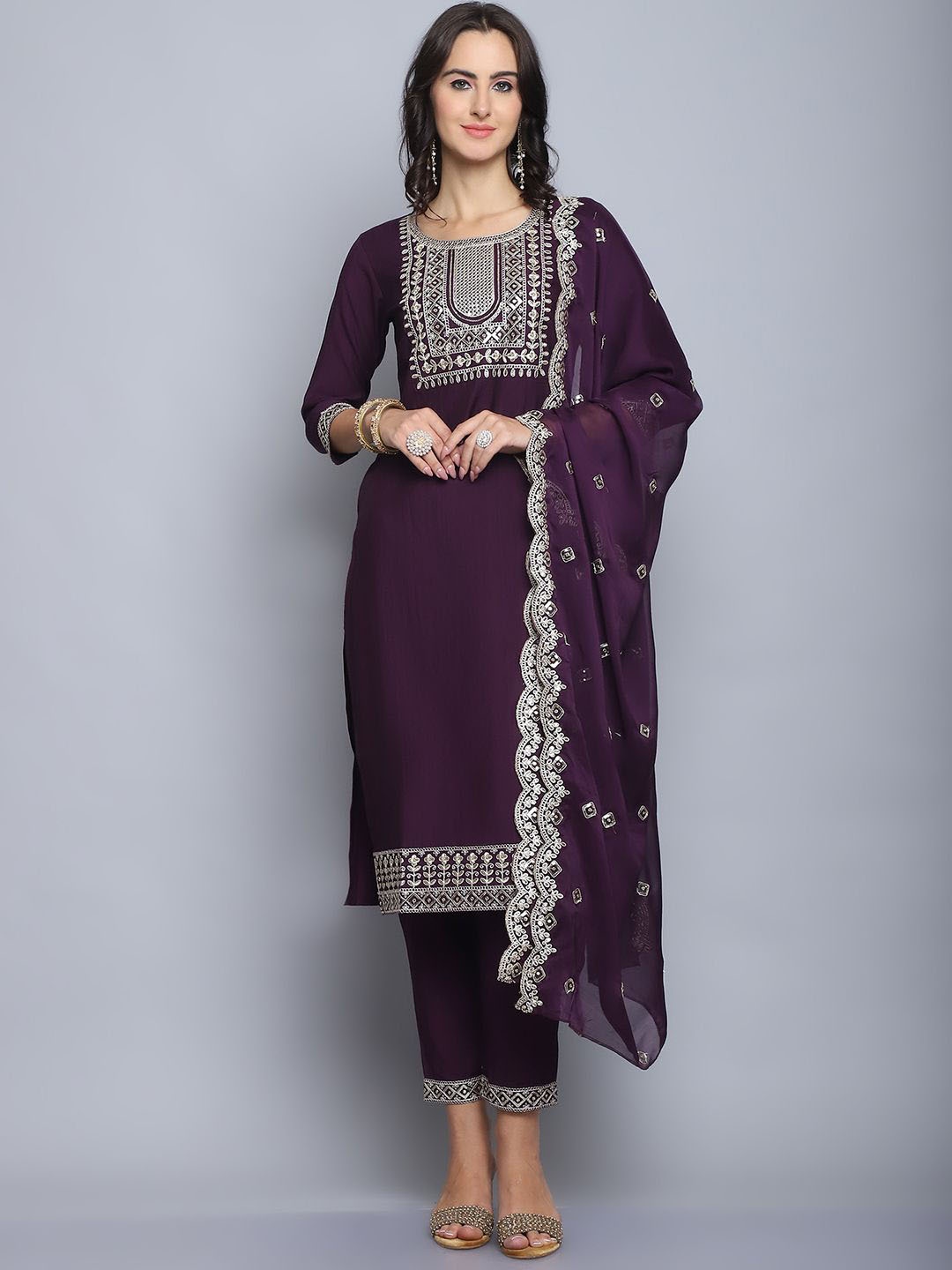 

KLOSIA Ethnic Motifs Embroidered Sequinned Pure Silk Straight Kurta With Trouser & Dupatta, Maroon