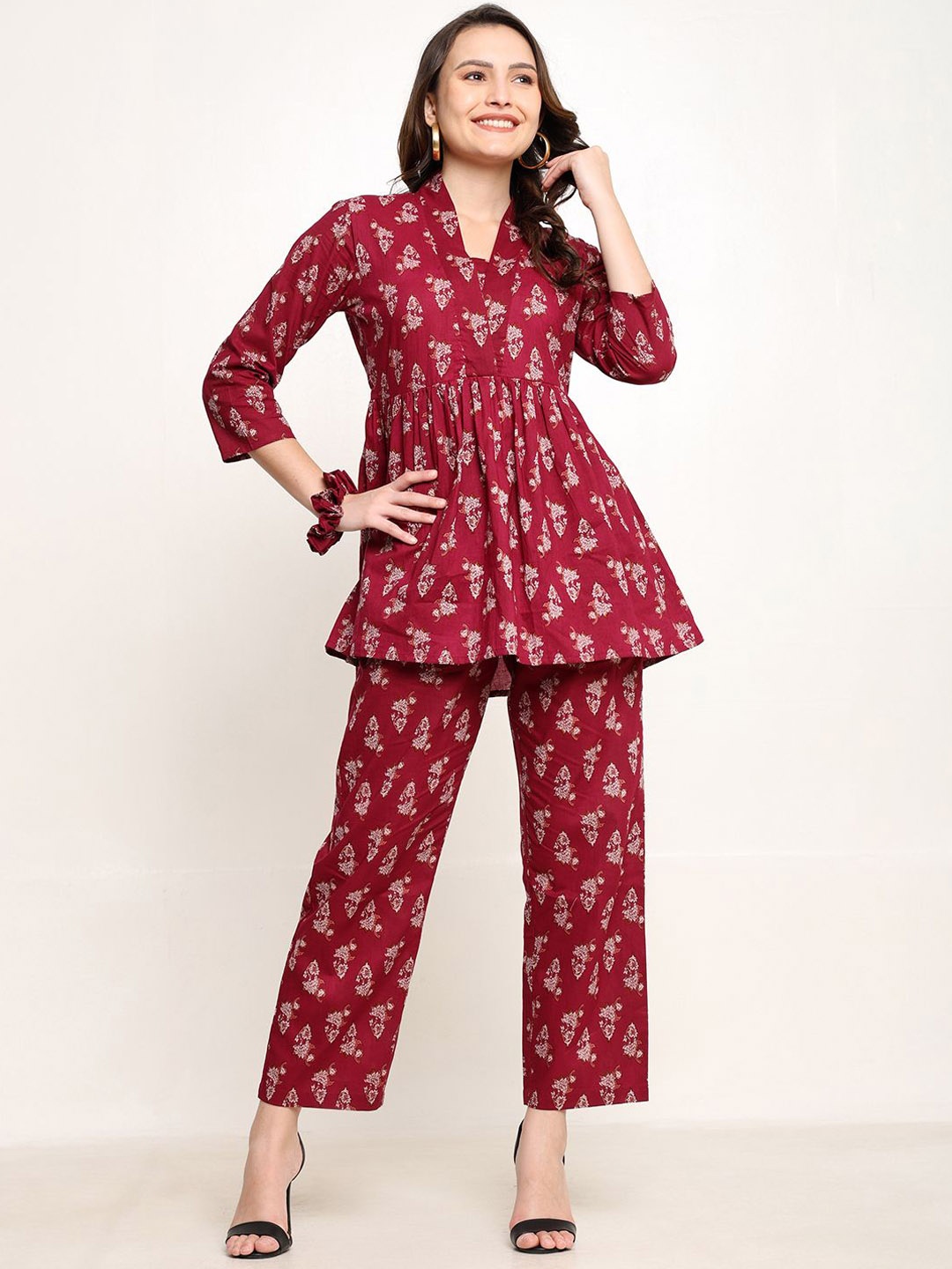 

CORDSET Printed Pure Cotton Tunic With Trouser, Maroon