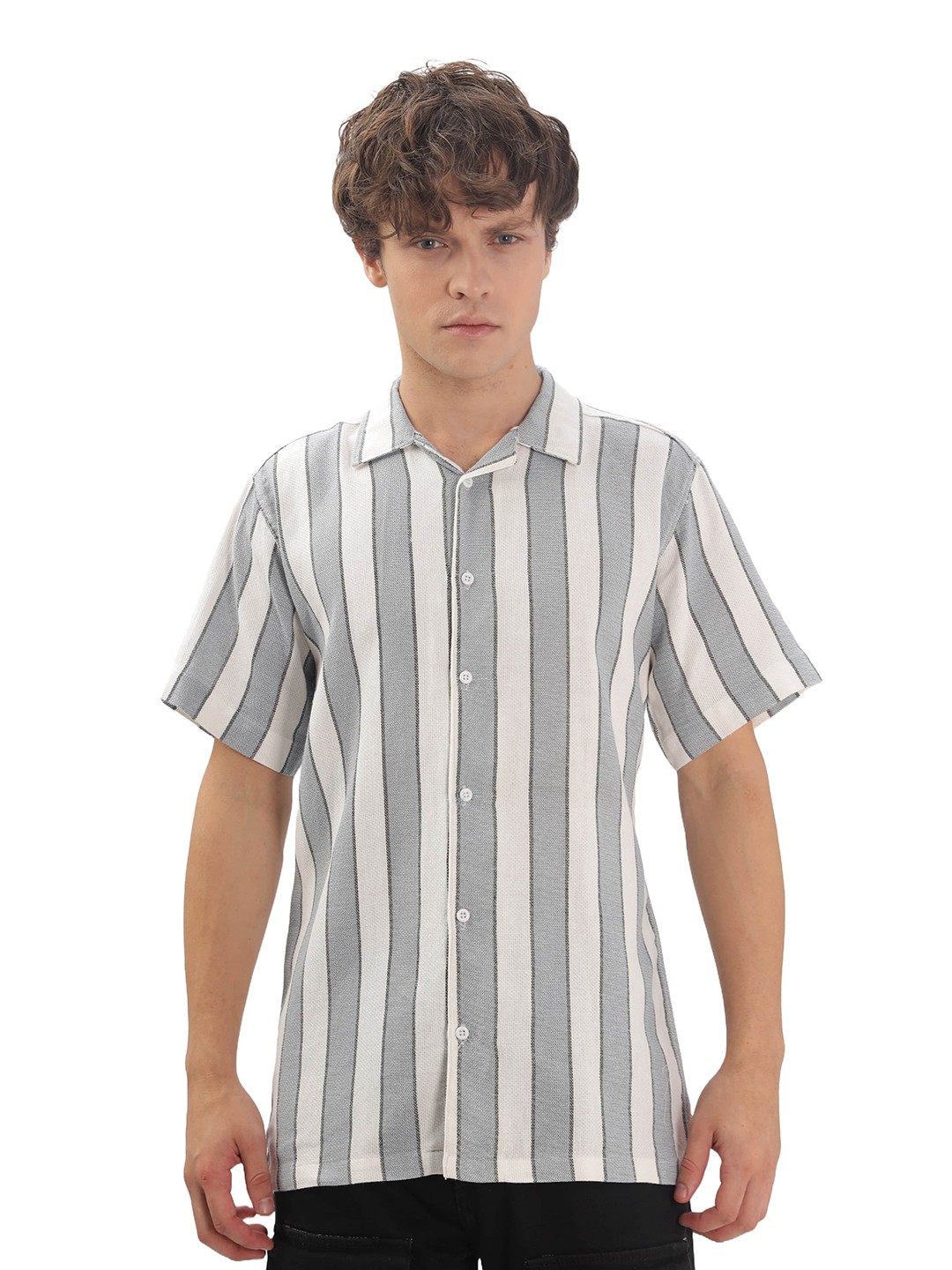 

London Hills Men Standard Cuban Collar Multi Striped Cotton Casual Shirt, Grey