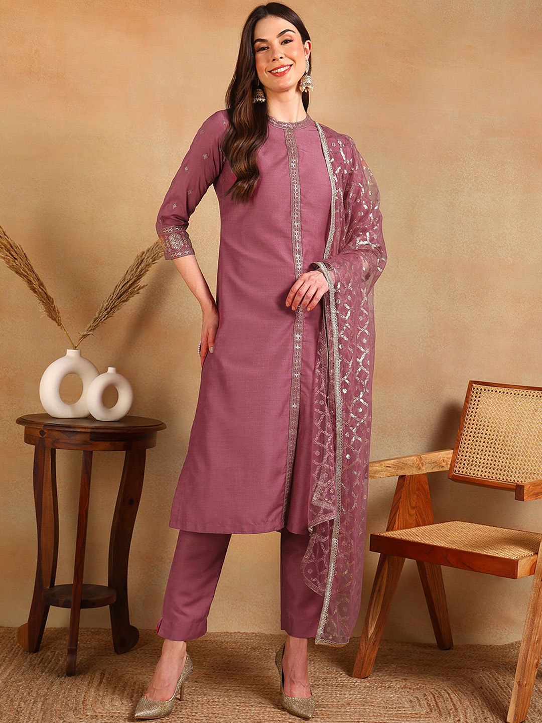 

KALINI Floral Embroidered Sequinned Straight Kurta With Trousers & Dupatta, Pink