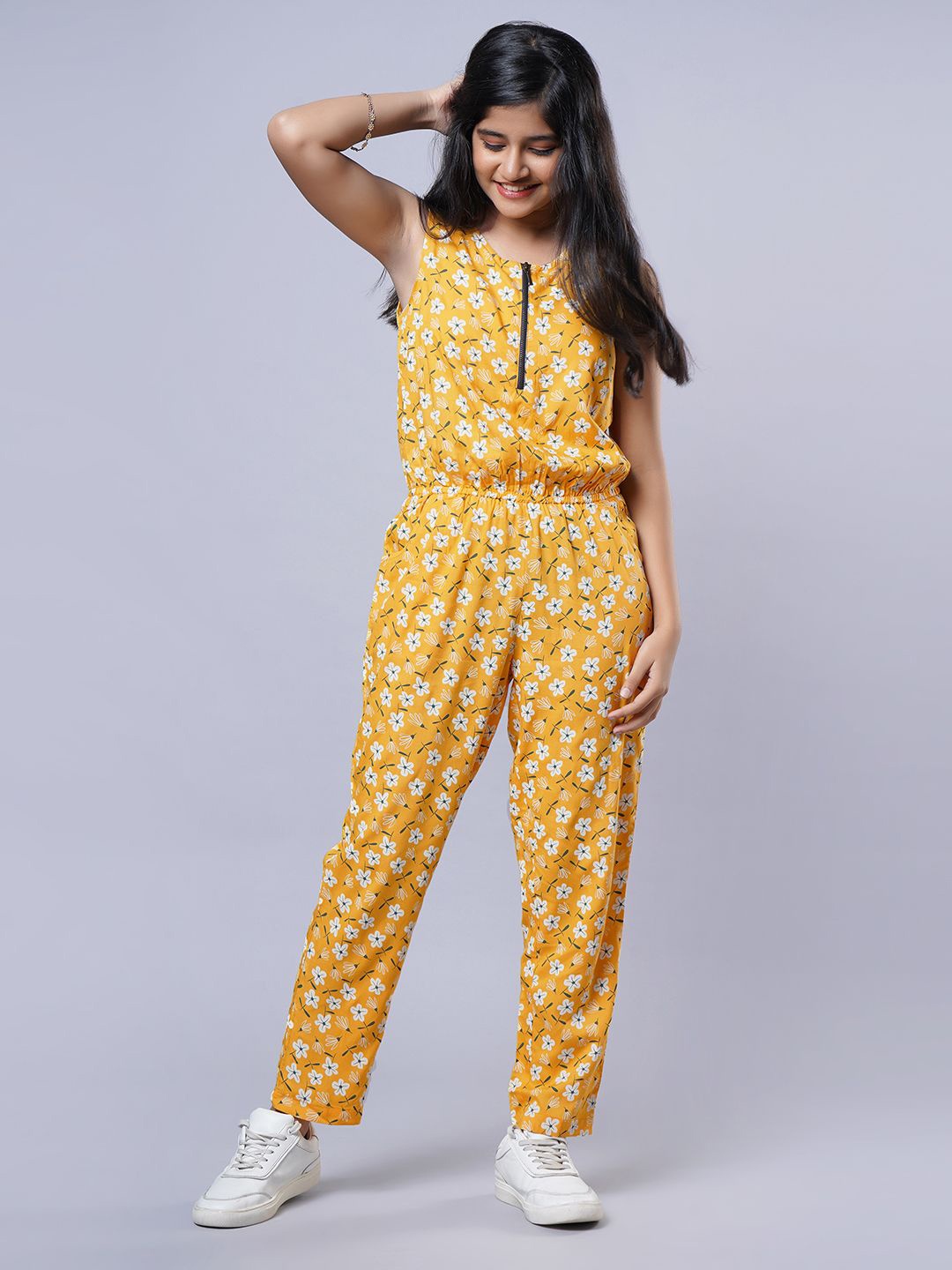 

TeenTrums Girls Printed Basic Jumpsuit, Yellow