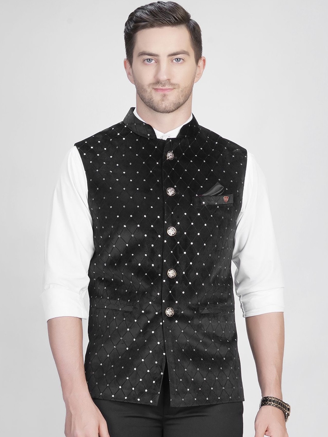 

LA'SCOOT Checked Embroidered Mandarin Collar Nehru Jacket, Black