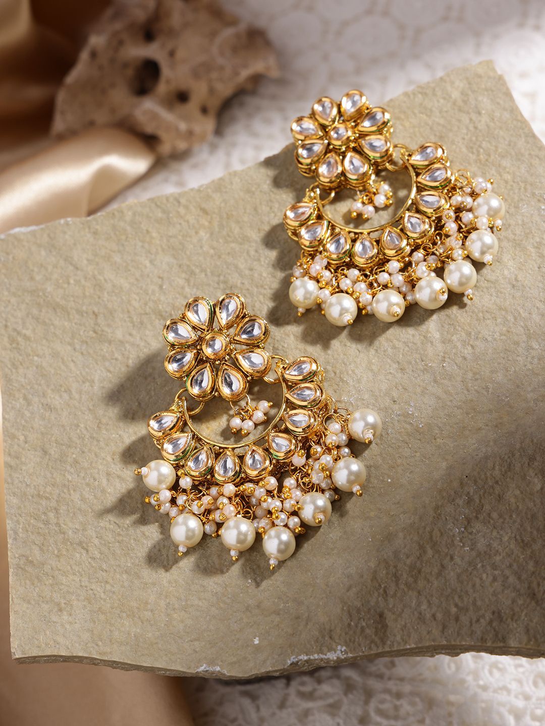 

PANASH 22KT Gold-Plated Kundan Chandbali Earrings with Pearl Bead Detailing