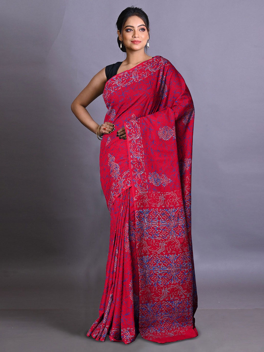 

Unnati Silks Ethnic Motifs Pure Cotton Handloom Block Print Saree, Red