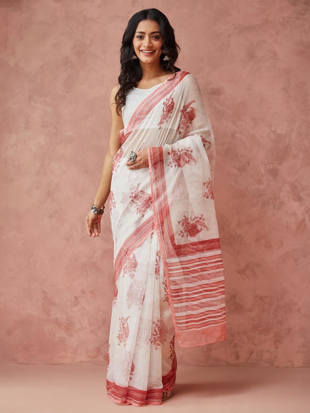 

Fabindia Floral Block Print Saree, White