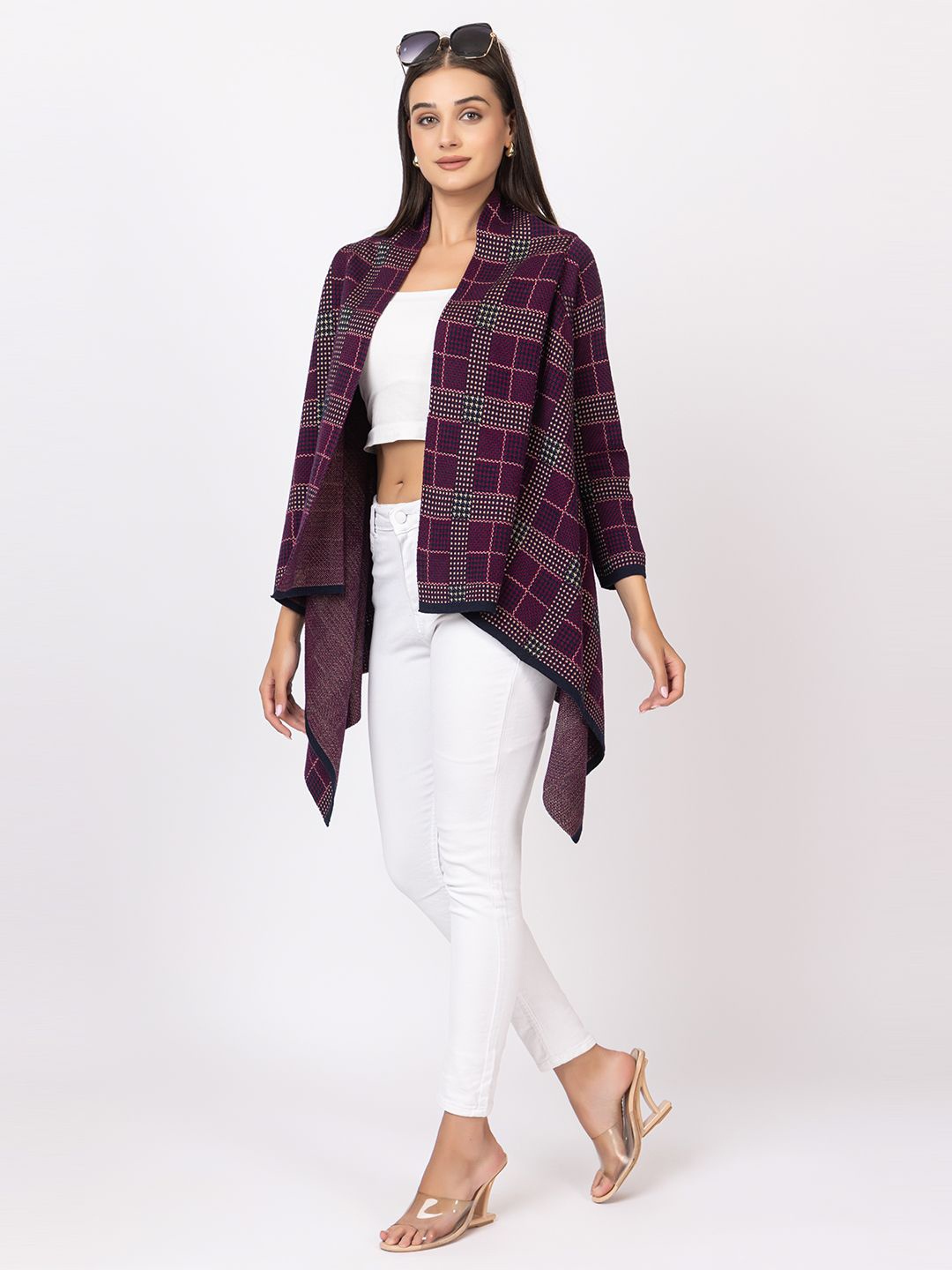 

Anouk Navy Blue Checked Winter Waterfall Shrug